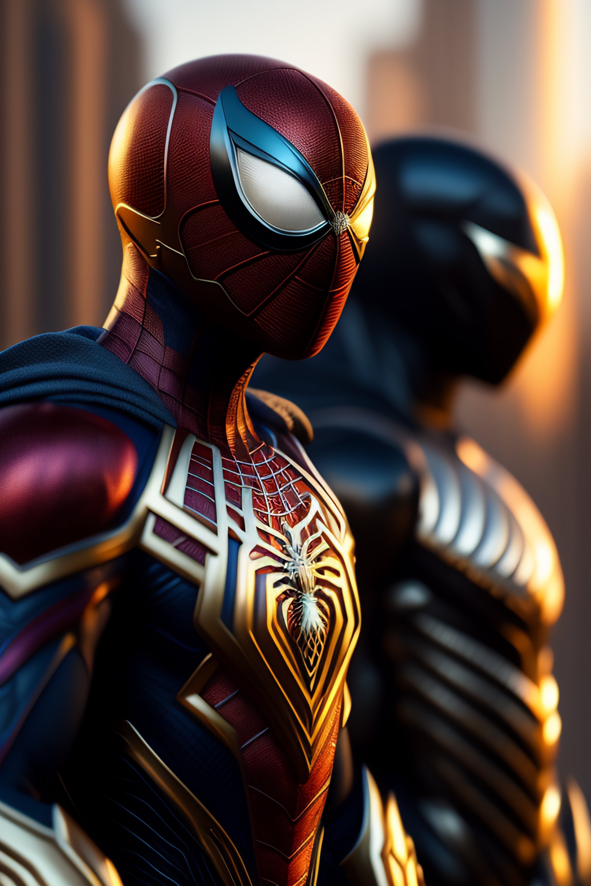 Lexica - Spider-man and venon walking togheter, full body illustration,  futuristic armor, wood, silver, black and gold, intricated detail,  ornament, ...