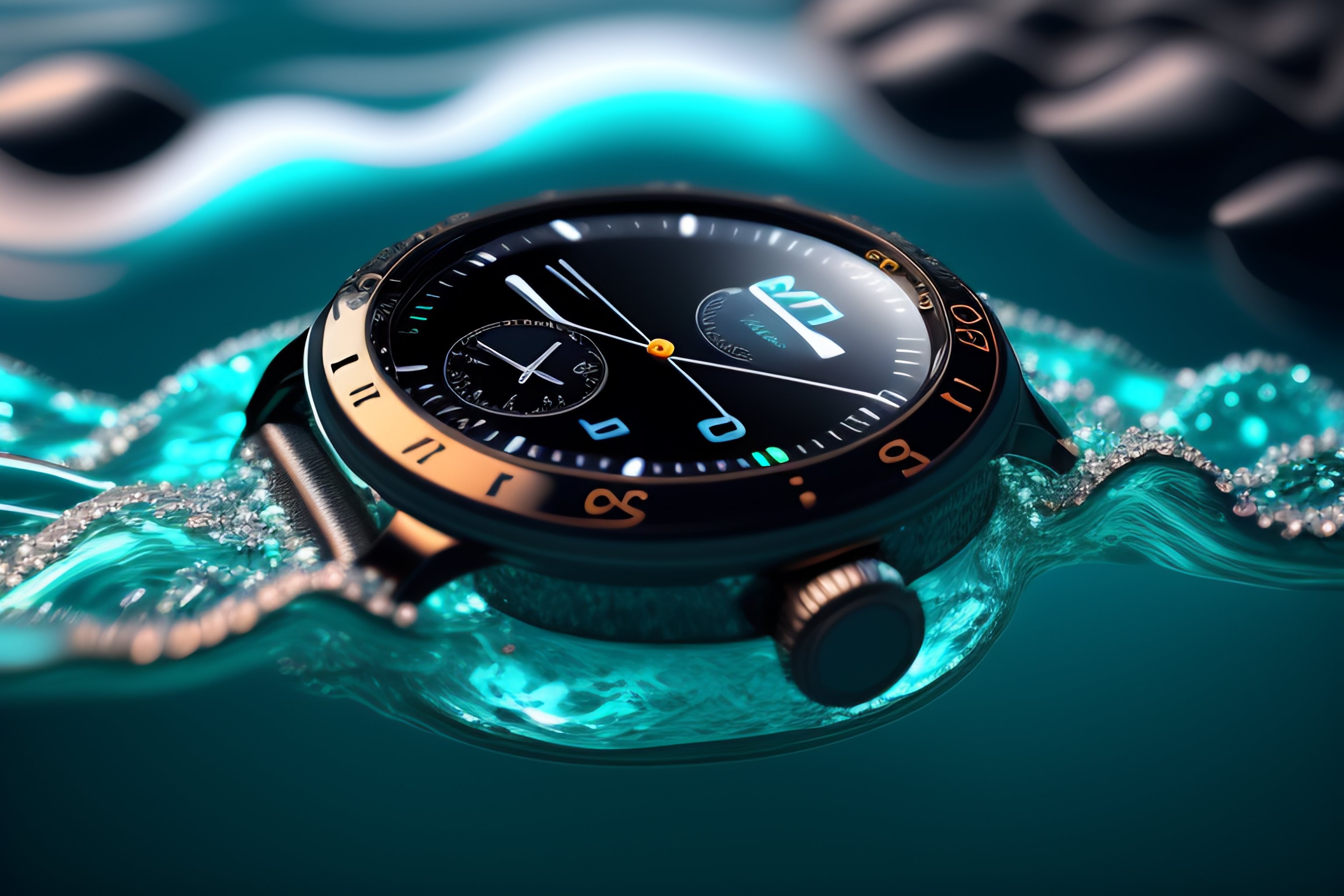 Lexica - Black smart watch, right side, under the ocean, highly ...