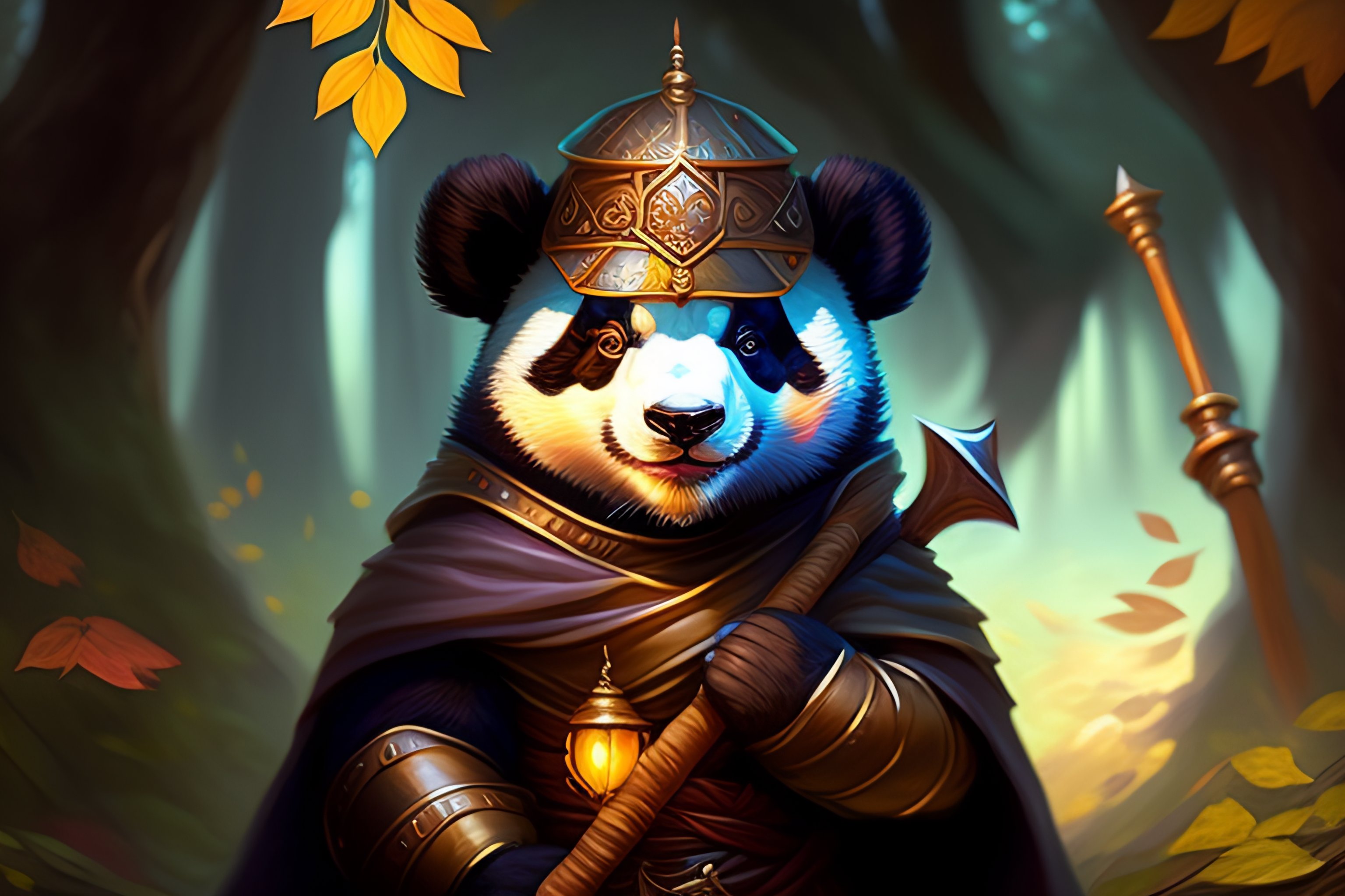 Lexica - Anthropomorphic panda mage, mage cloak, holding a large mage ...