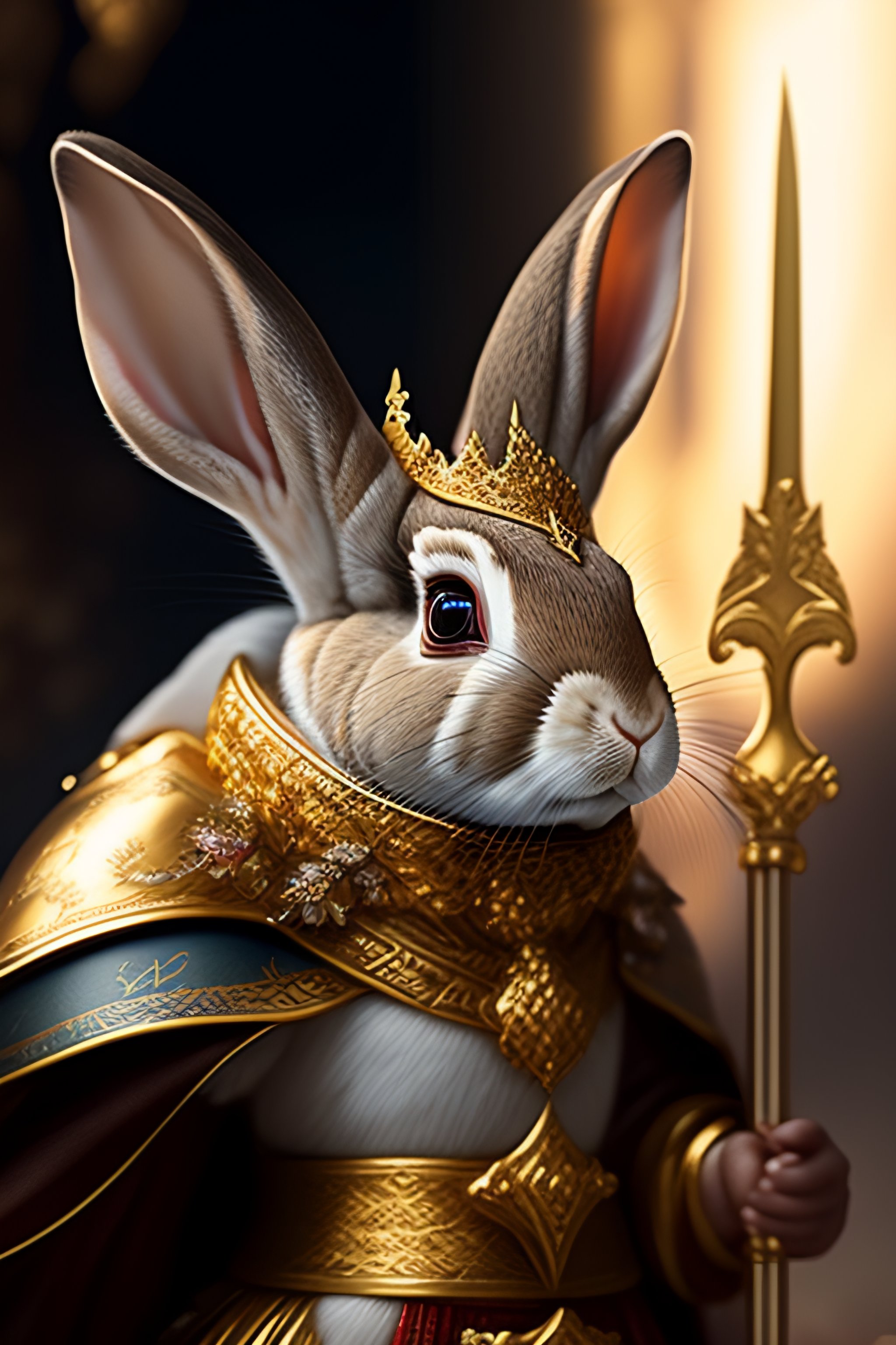 Lexica - Rabbit with crown and golden sword, bloody eyes, by greg ...
