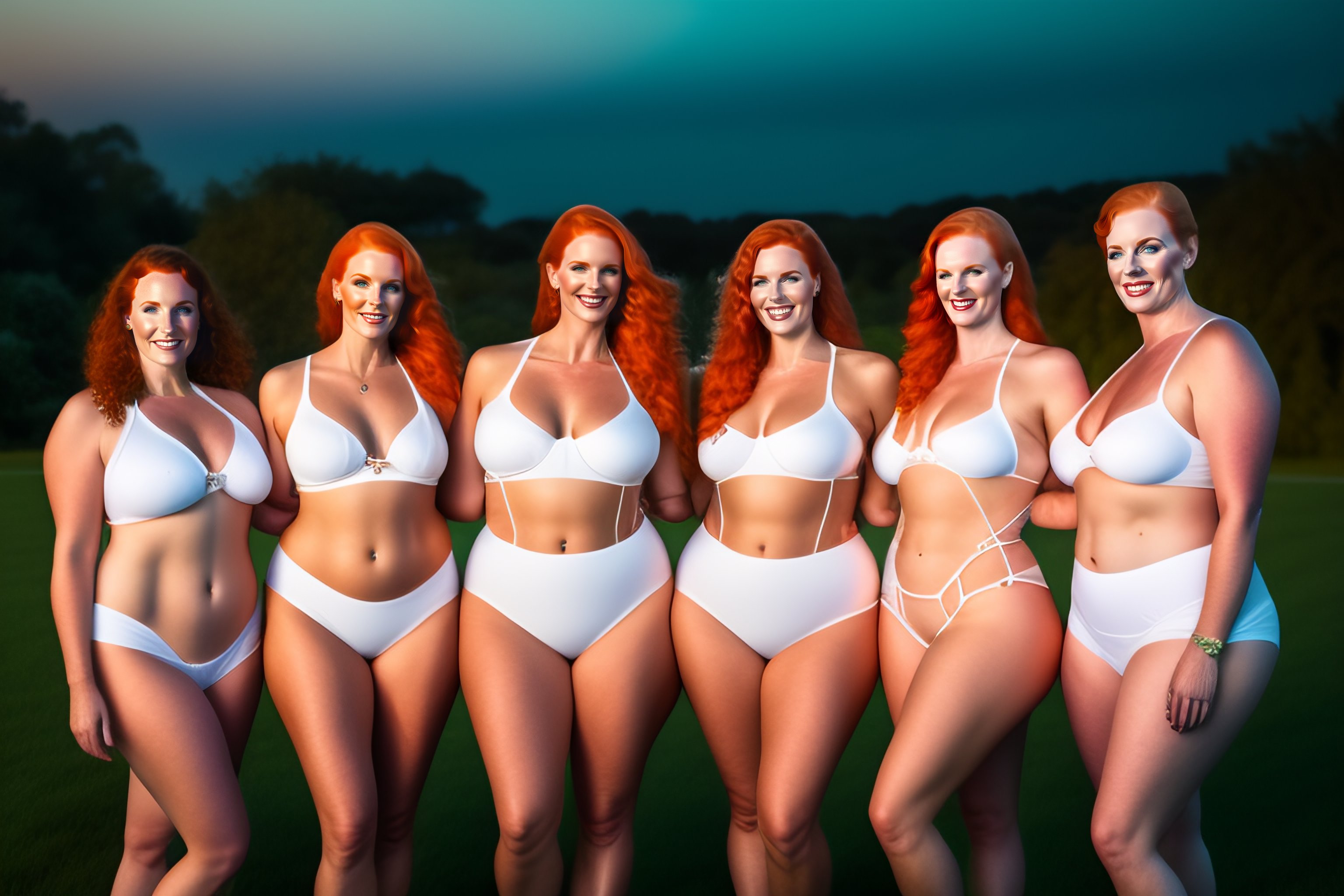 Lexica - A group of unique symmetrical smiling plus size redhead white women  dressed in mesh string low cut bikinis standing on lawn full body height