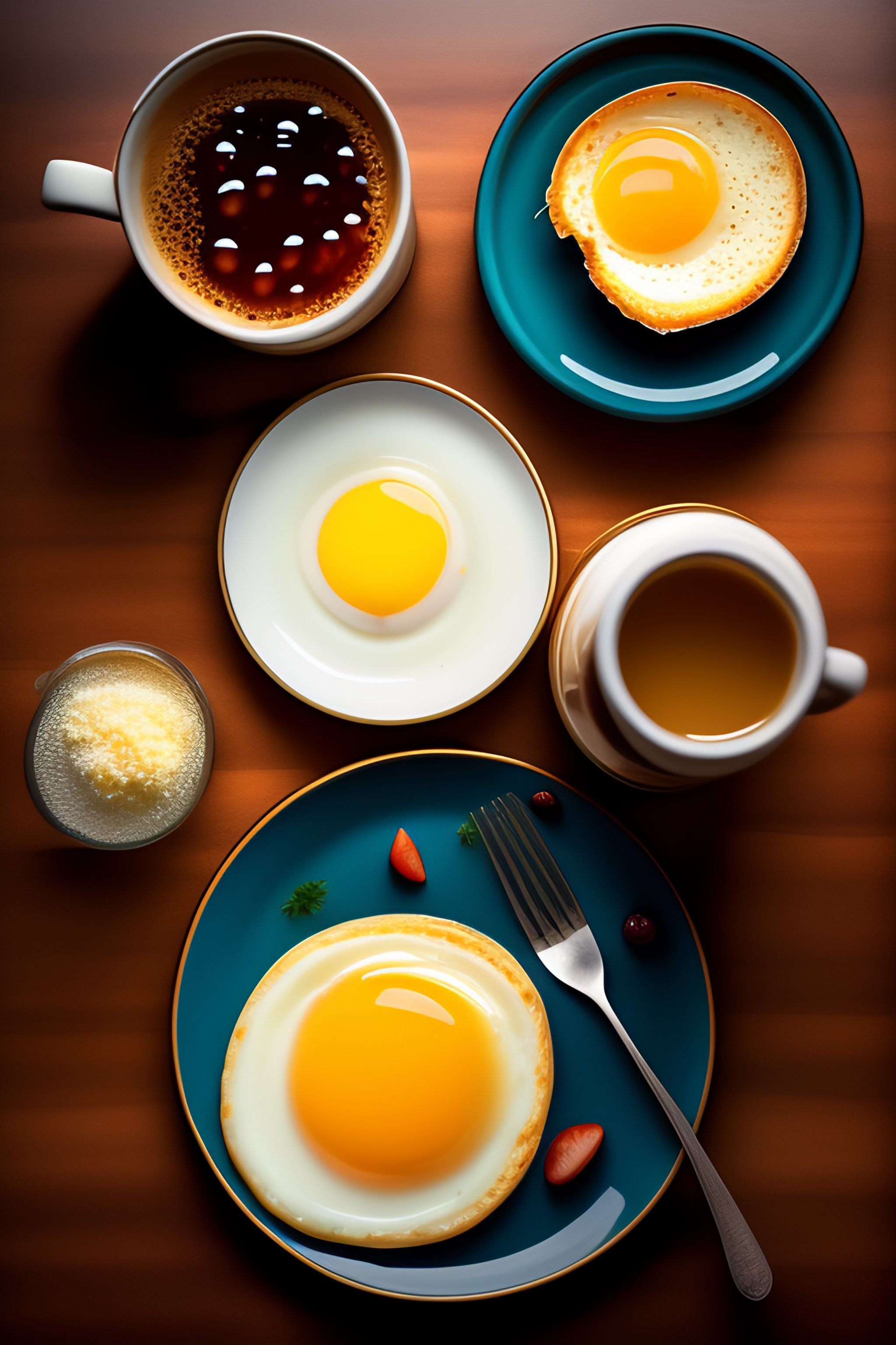 Lexica - A top view of breakfast table with a plate of egg sunny up and ...