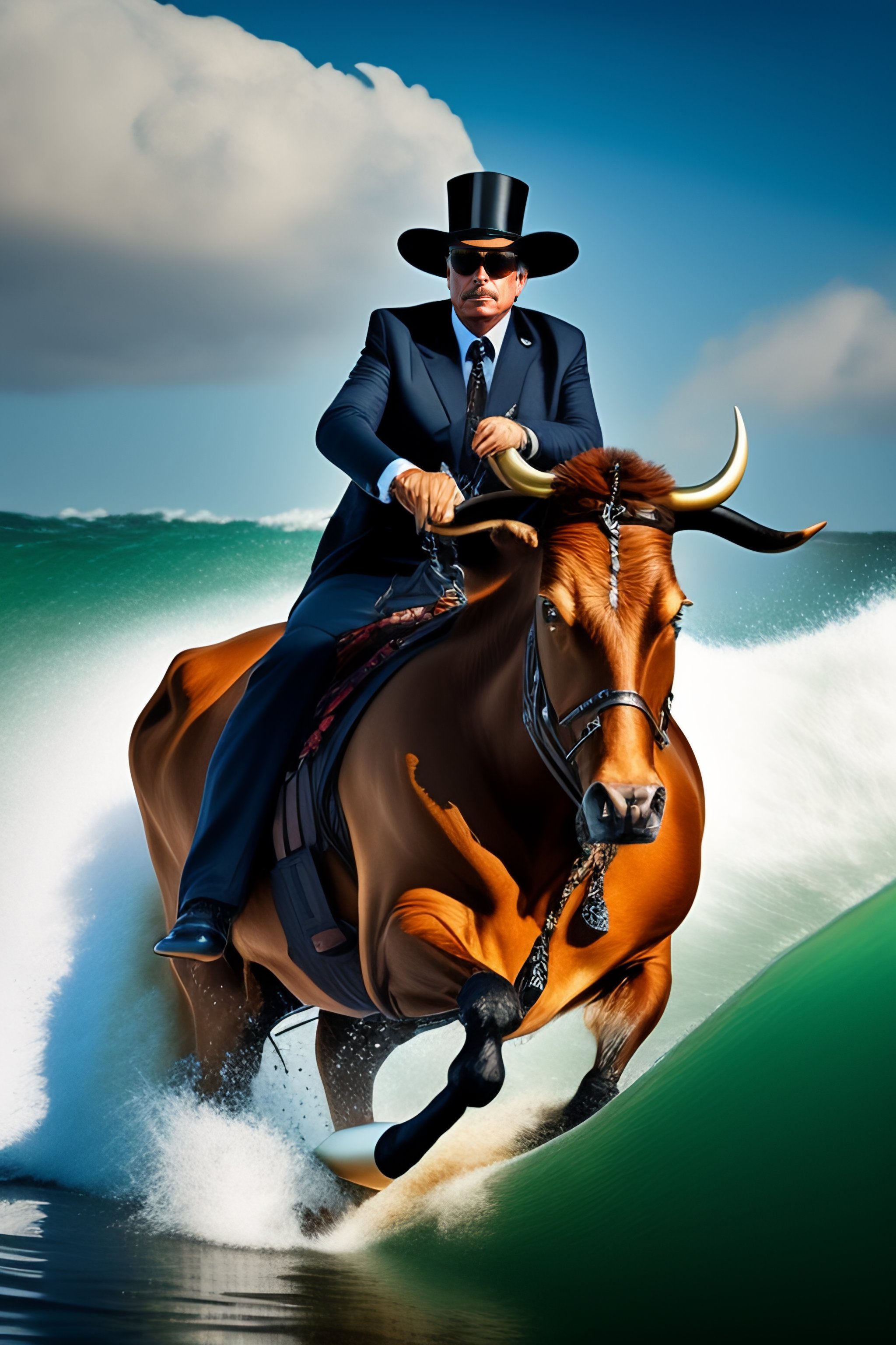 Lexica Steampunk Steve Buscemi surfing on a cow holding a rifle