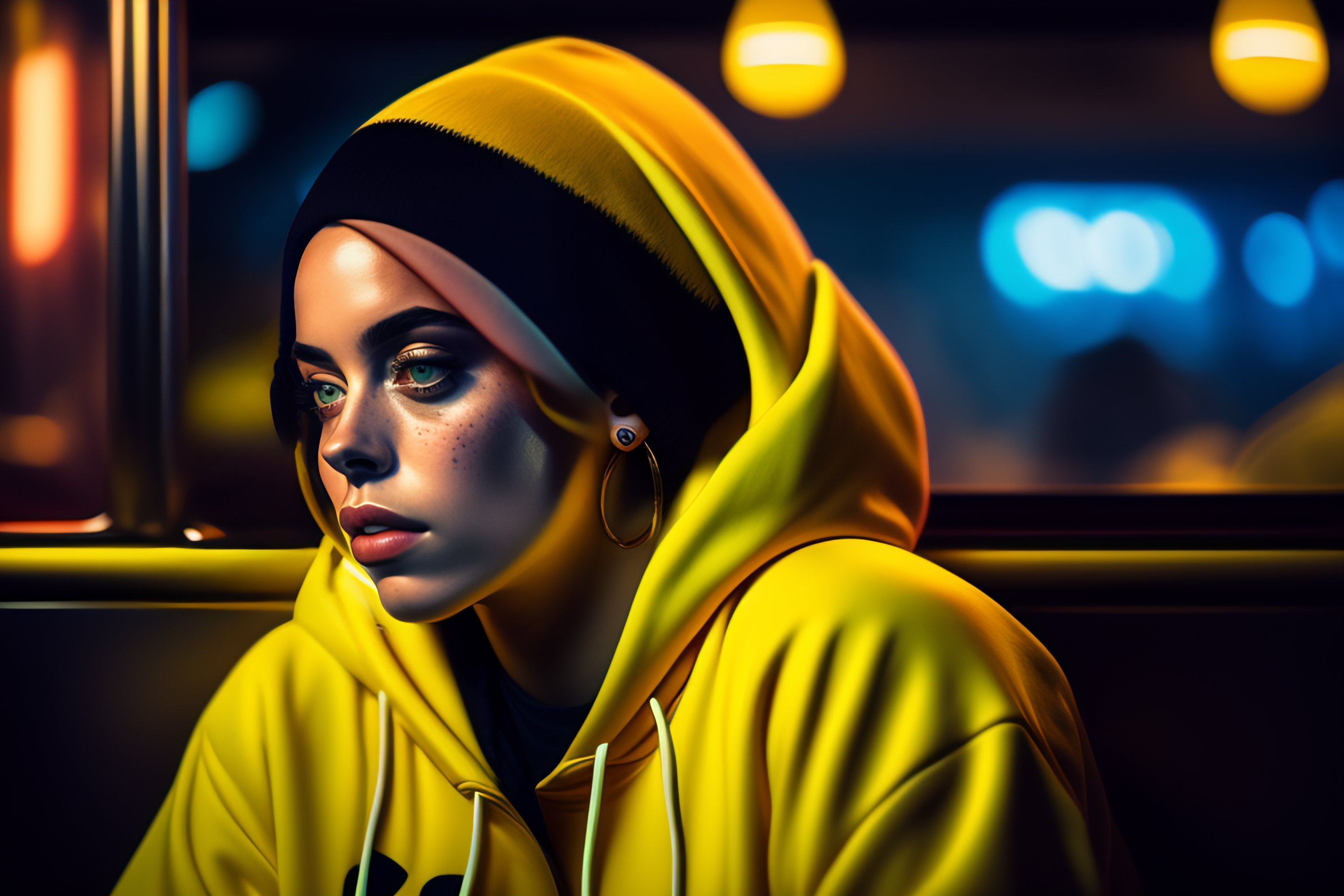 Lexica Portrait of billie eilish wearing a yellow hoodie sitting