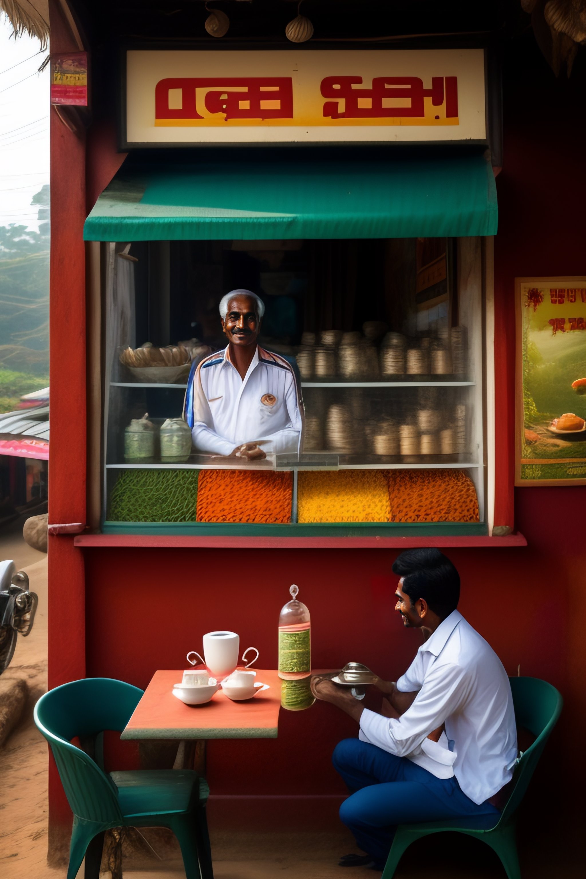 Lexica A tea shop in Kerala, posters of football, radio, tea tanks