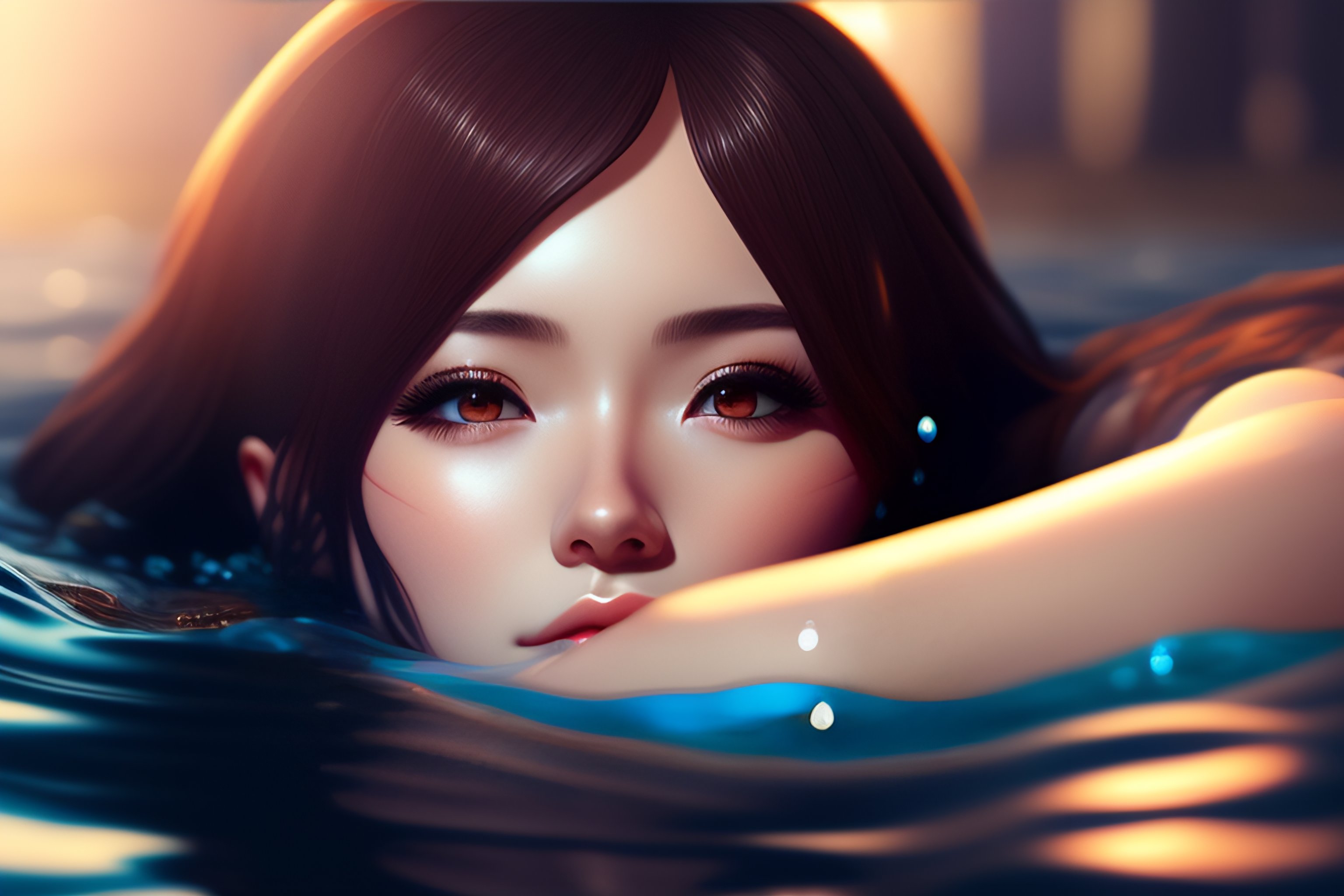 Lexica - Cute anime girl lies in water, dark, blood, realistic, cgi, 3d