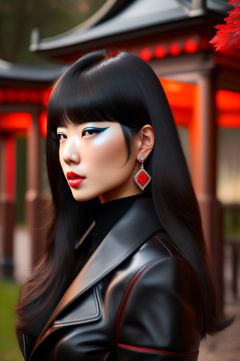 Lexica - Adult Japanese girl with long black hair, bangs, red eyes and ...