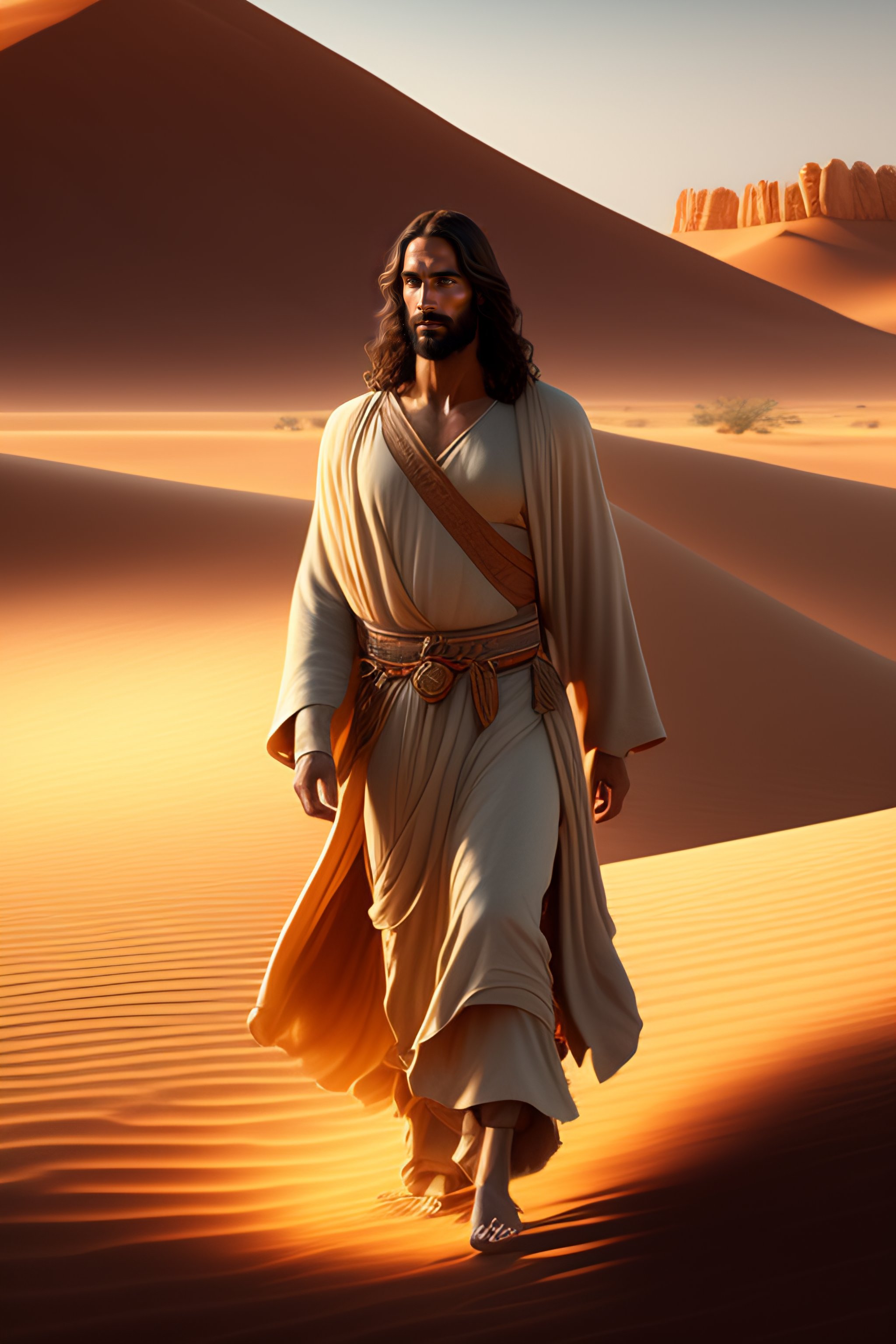 Lexica - Painting of jesus christ walking in the desert, realistic
