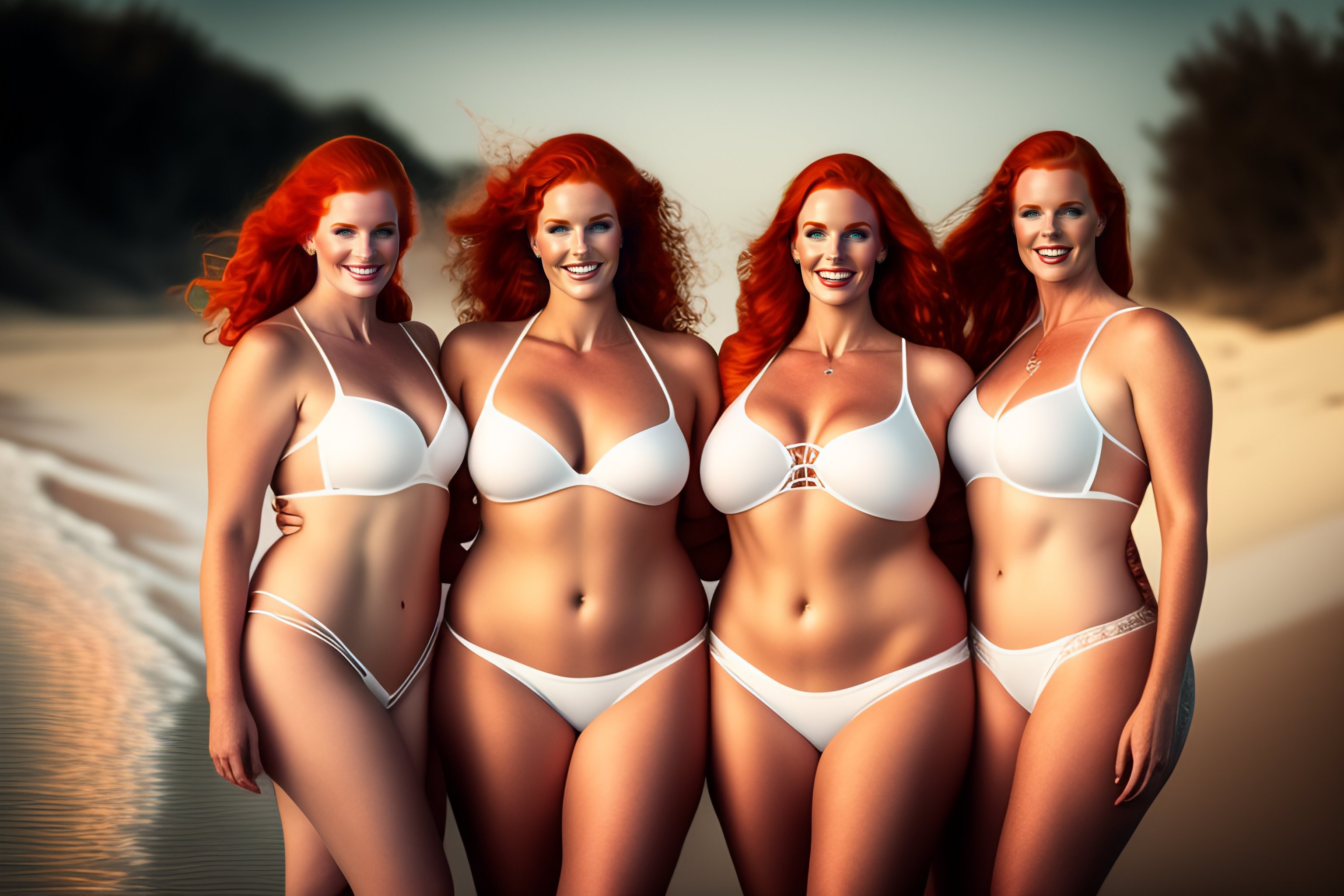 Lexica - Group of plus size redheads symmetrical ingenues in white mesh string  bikini open lace smiling full height photograph