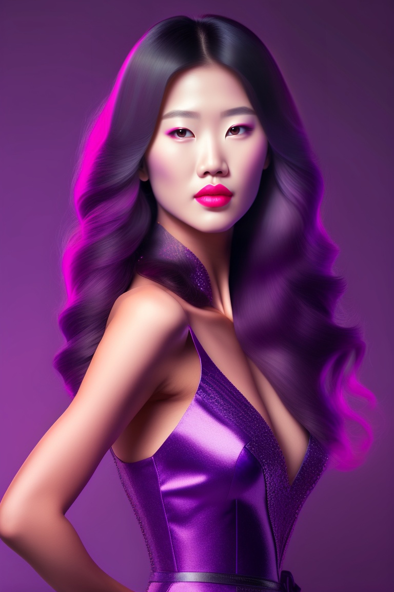 Lexica - ASIAN WOMAN FULL BODY WITH WOLF CUT HAIR, PINK LIPS, BEAUTY PURPLE  EYES, AND IDEAL POSTURE