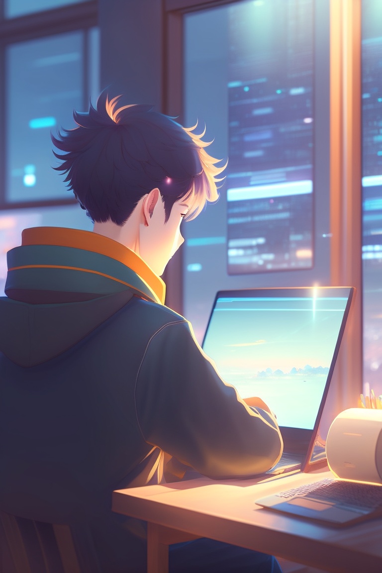 Lexica - Lofi Anime boyis programming at a computer, cozy, by makoto ...