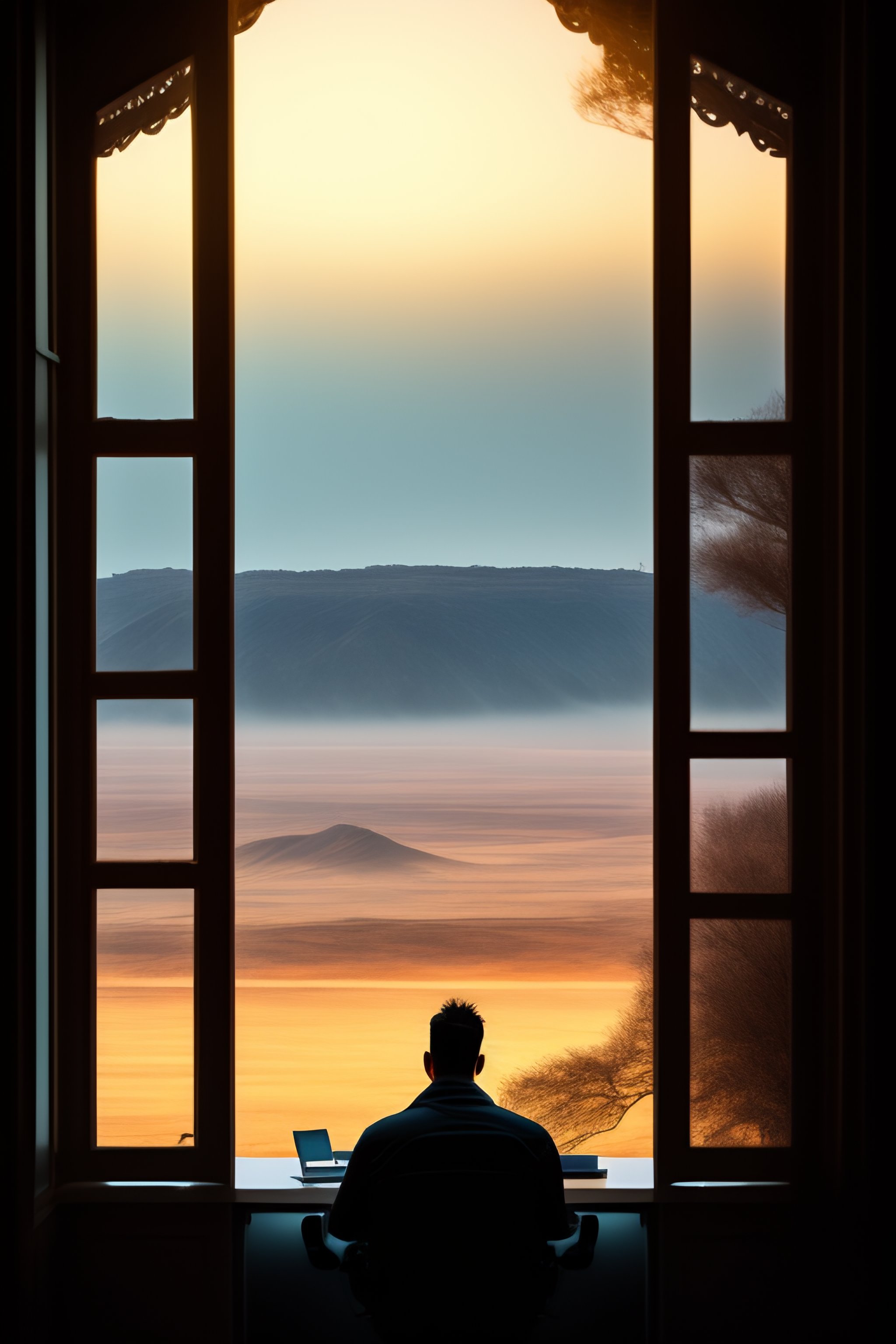 Lexica - Silhoutette of male writer sitting at desk looking out of ...