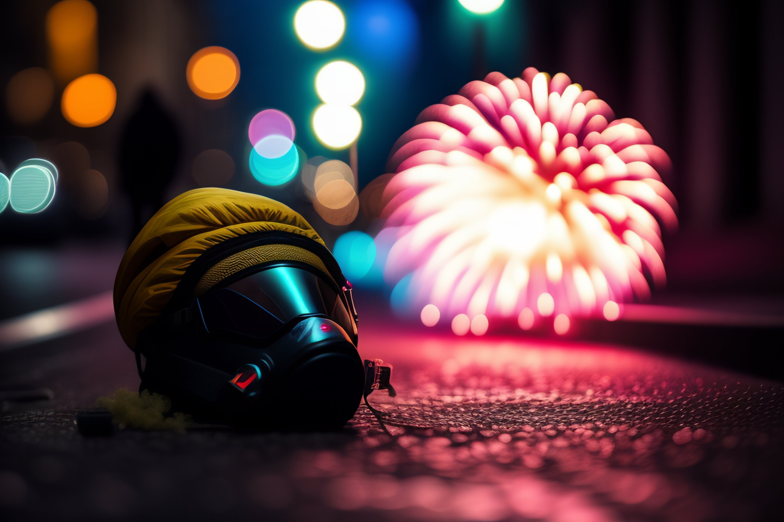 Lexica - A N95 mask lie on the street, with background fireworks ...
