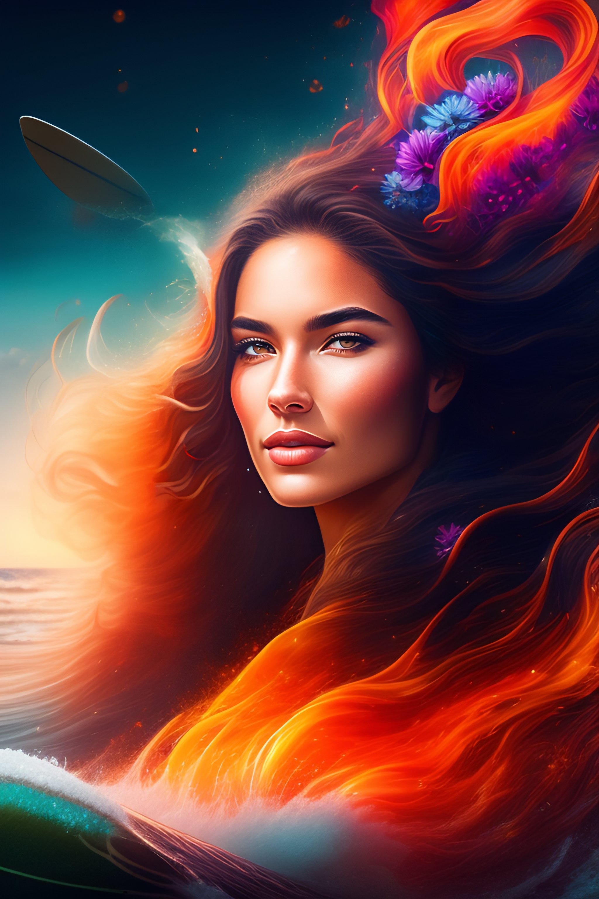 Lexica - A female surfer with waves of fire and water and flowers
