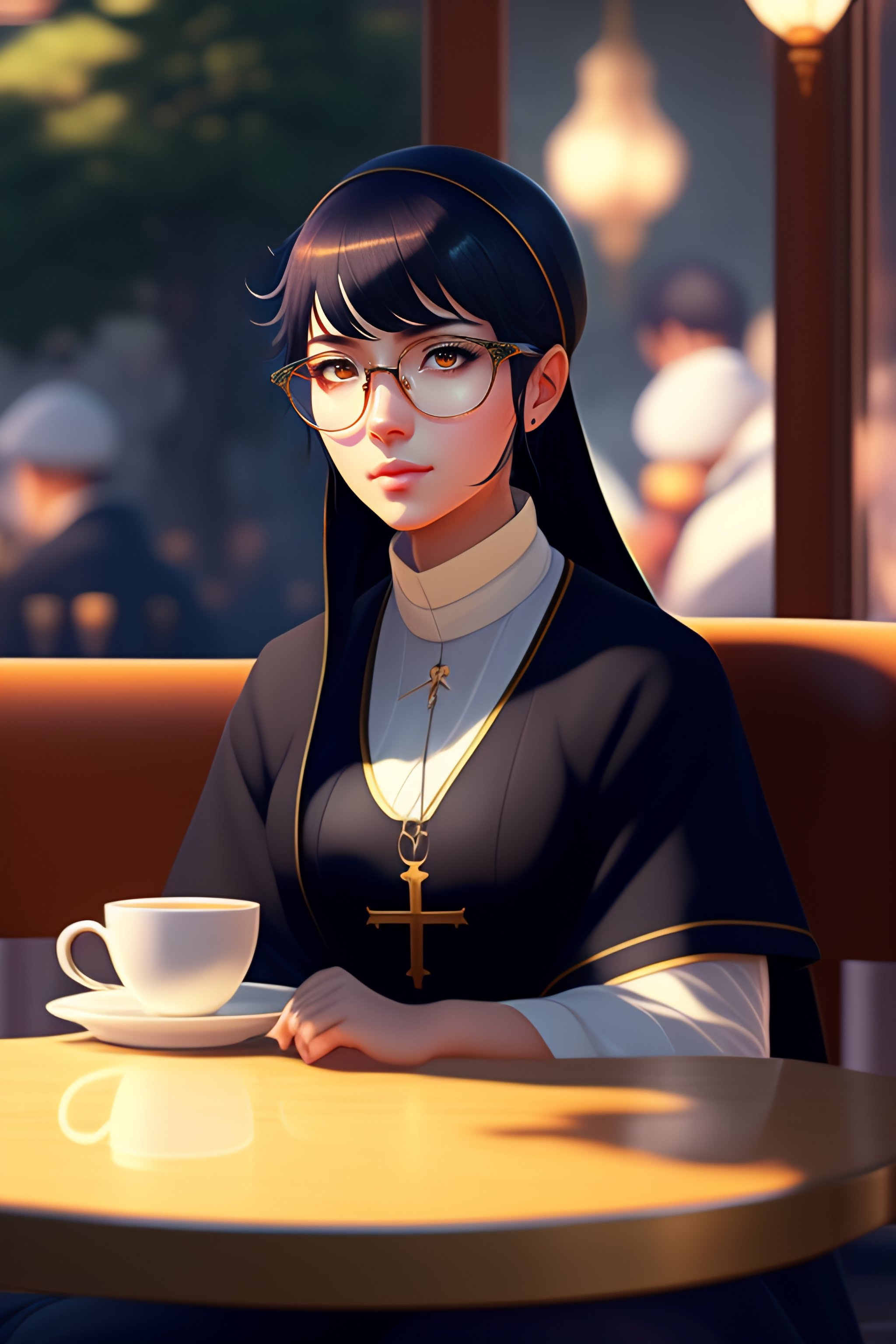 Lexica - Cute nun black hair black wayfarer glasses sitting inside cafe ...