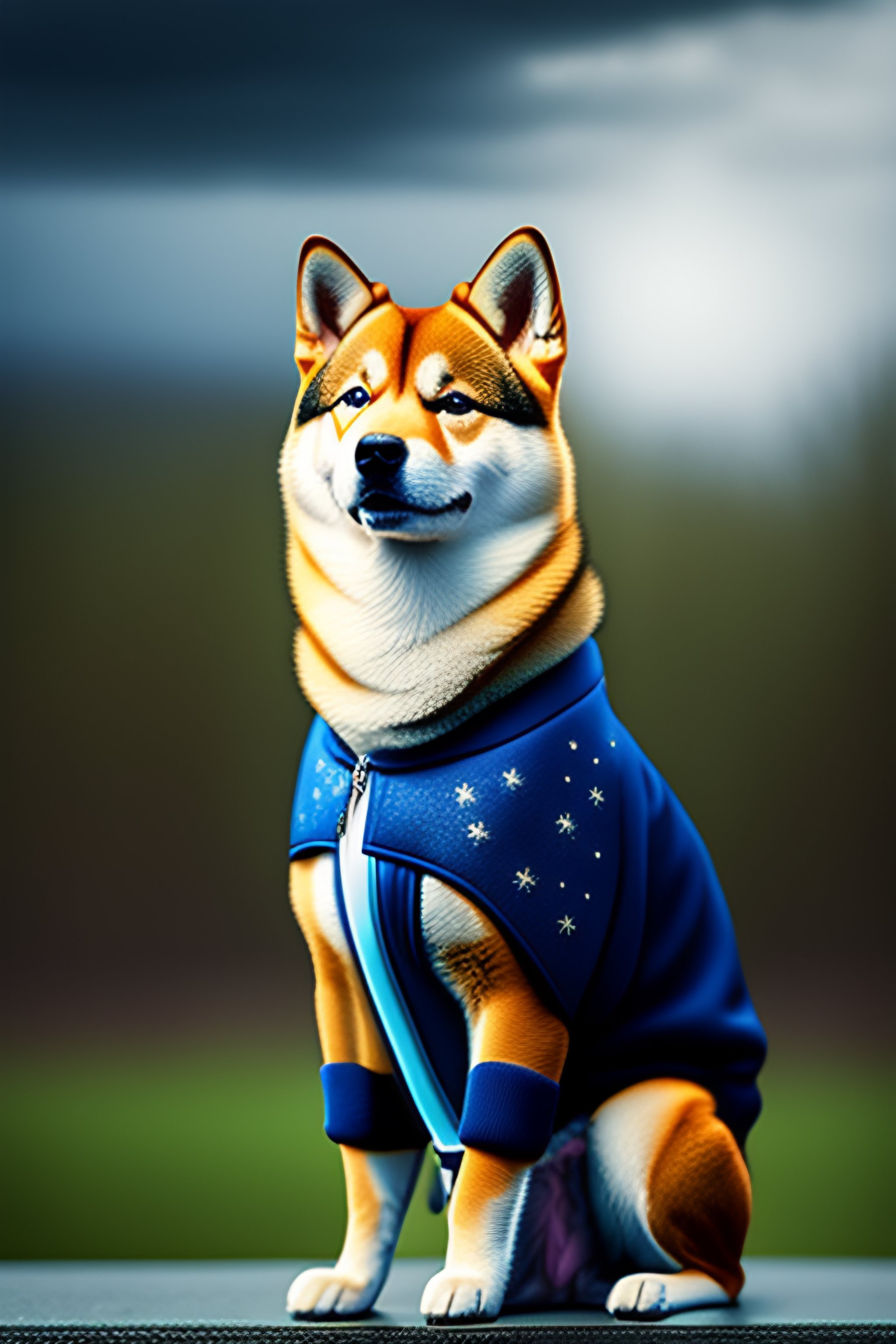 Lexica - Shiba inu puppy wearing a blue jacket with diamonds looking at ...