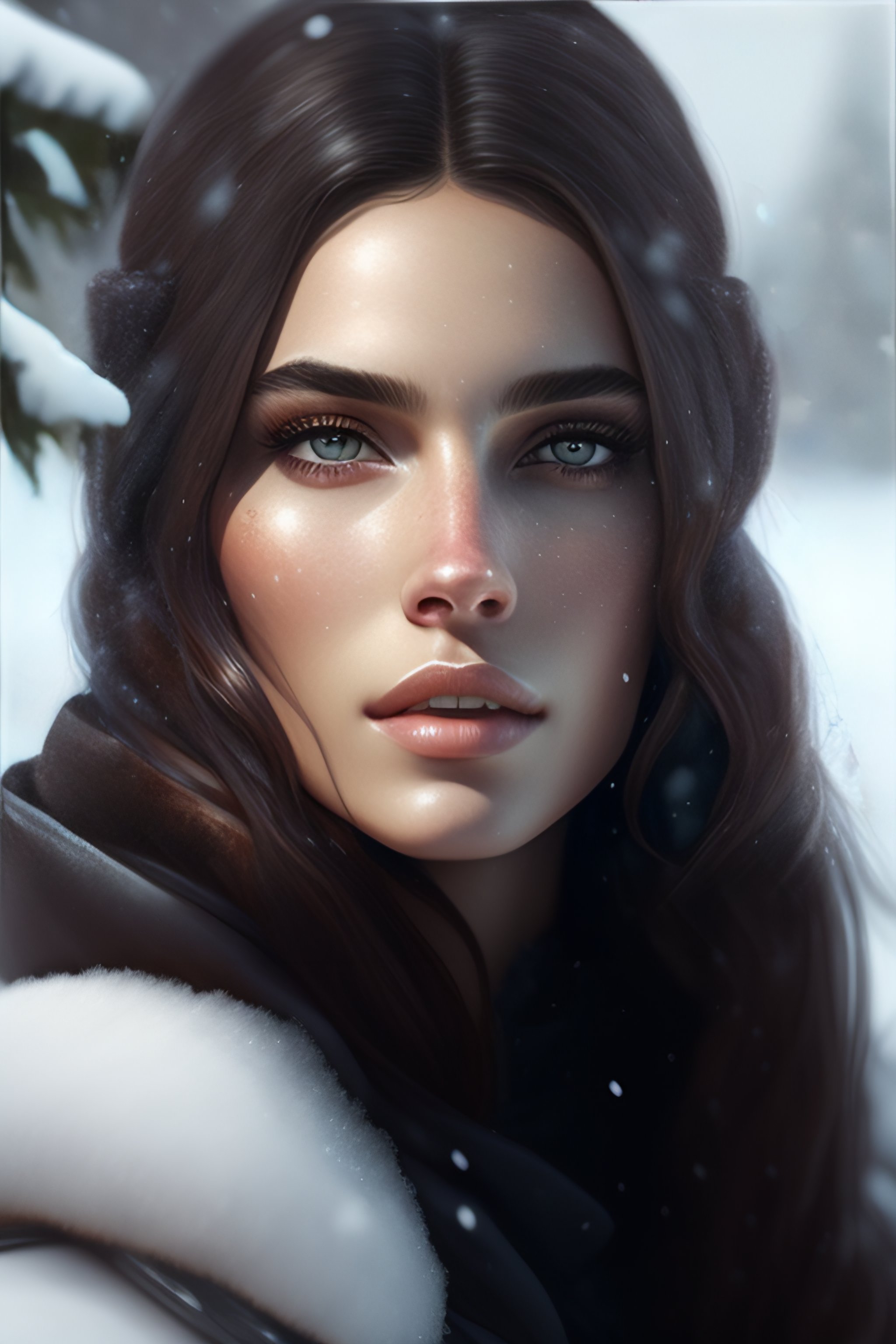 Lexica Beautiful Snow Goddess Perfect Soft Dark Hair Perfect Brown Eyes Portrait By Greg 4484