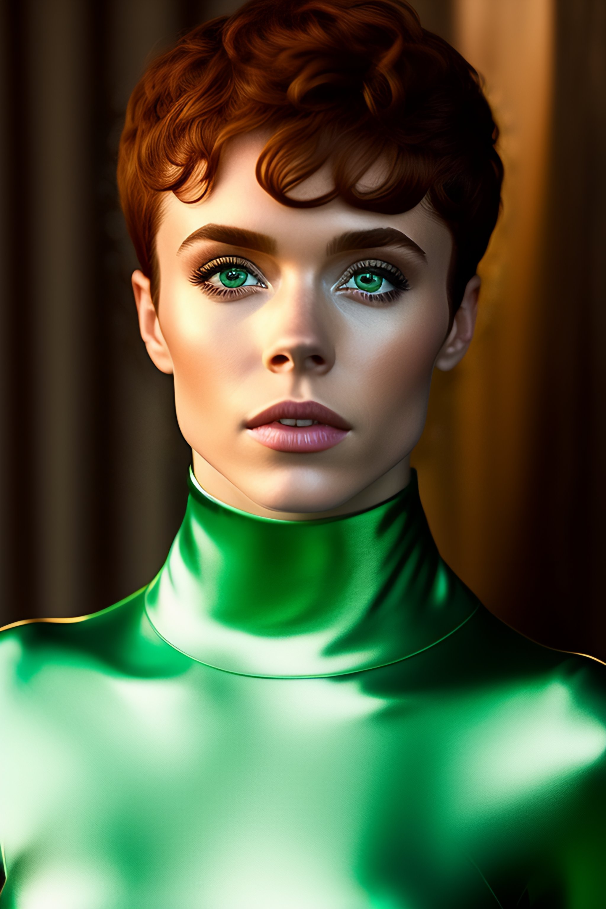 Lexica - Sophia Lillis with green hair brown eyes, shiny sleek smooth soft  matte full-body turtleneck catsuit. spandex lycra. youthful. Super Cute, ...