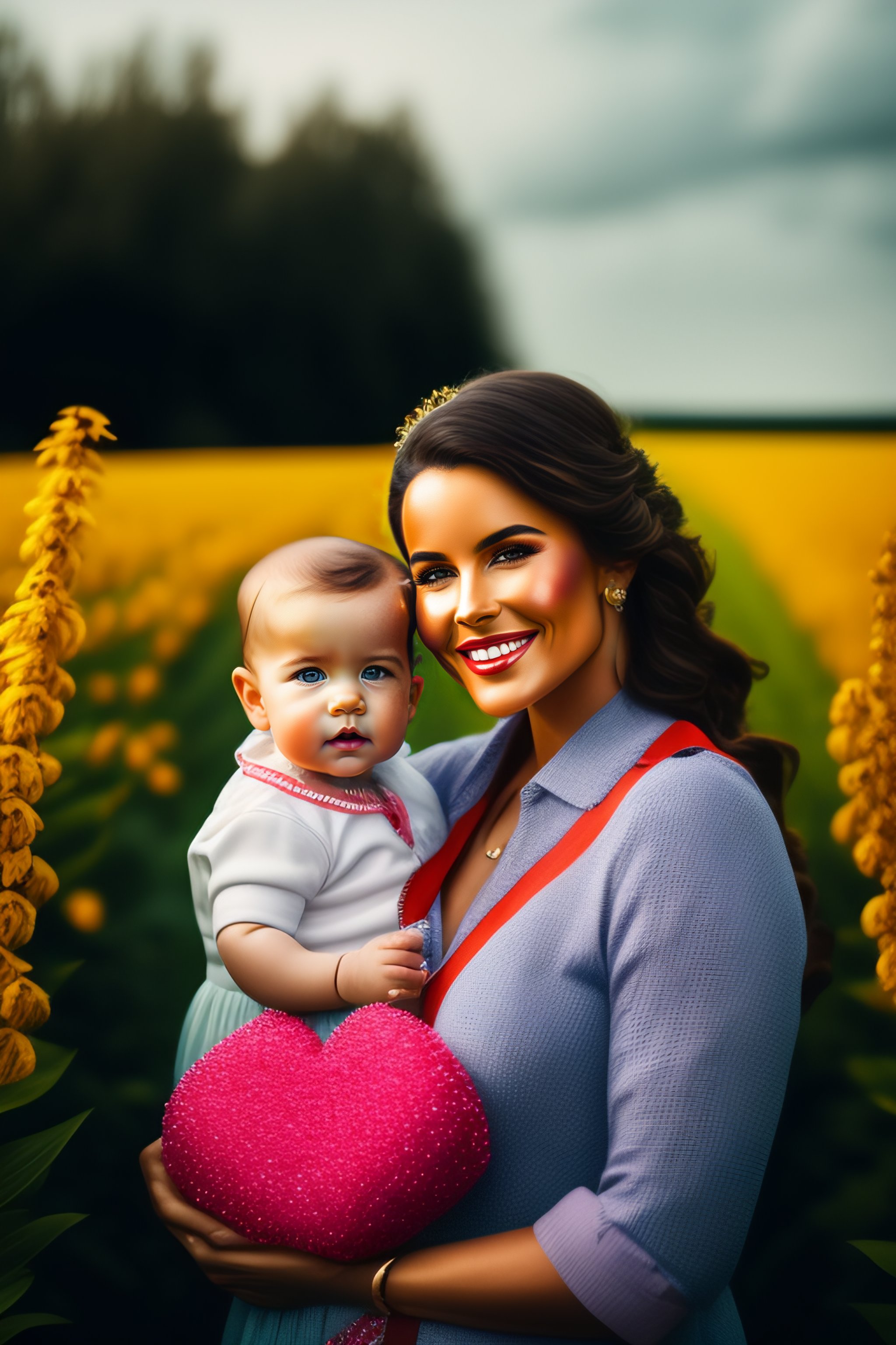 Lexica - 2 of hearts, woman holding a baby in a field with flowers