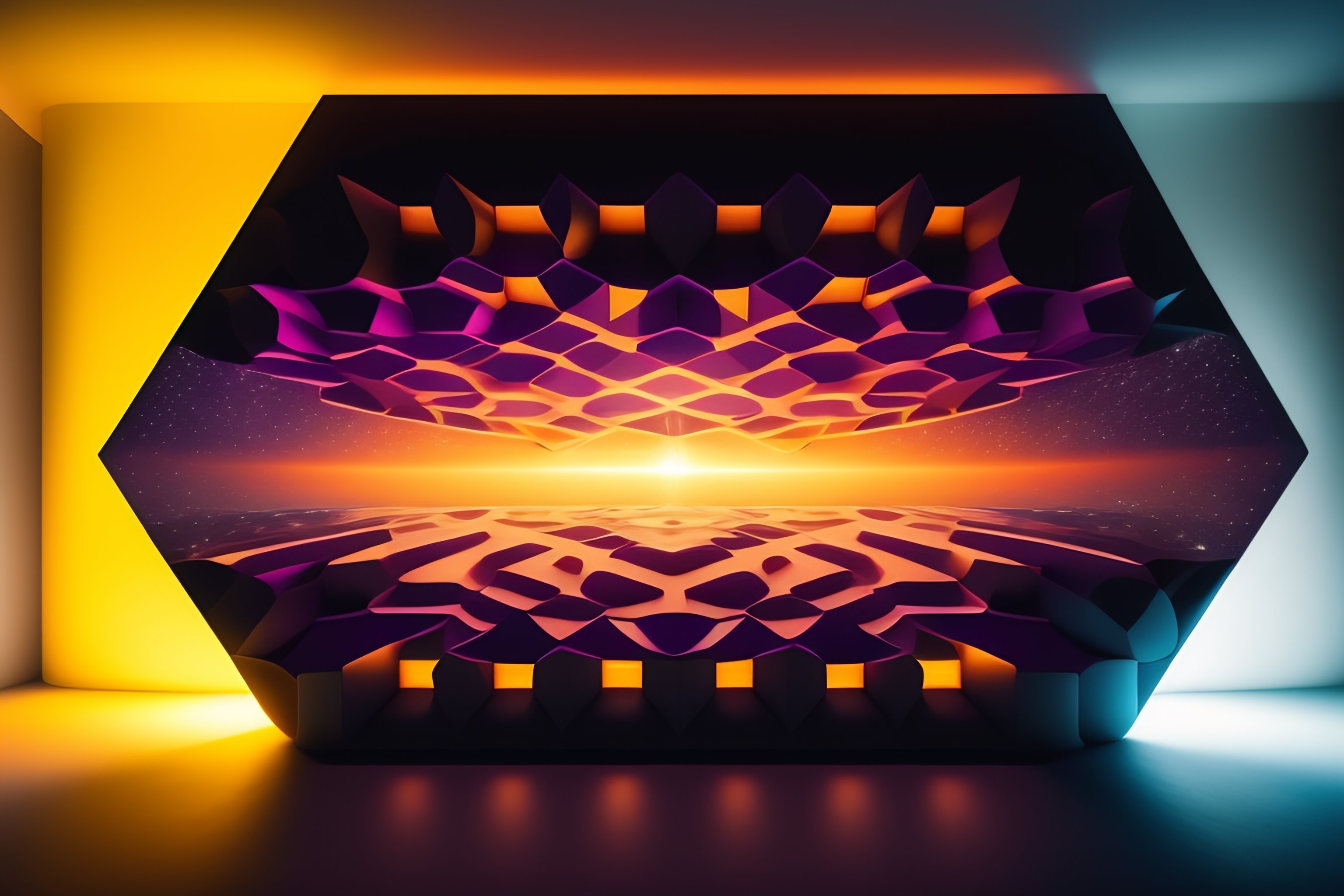 Lexica - A large stage made of floating polygons. You can see stars of ...
