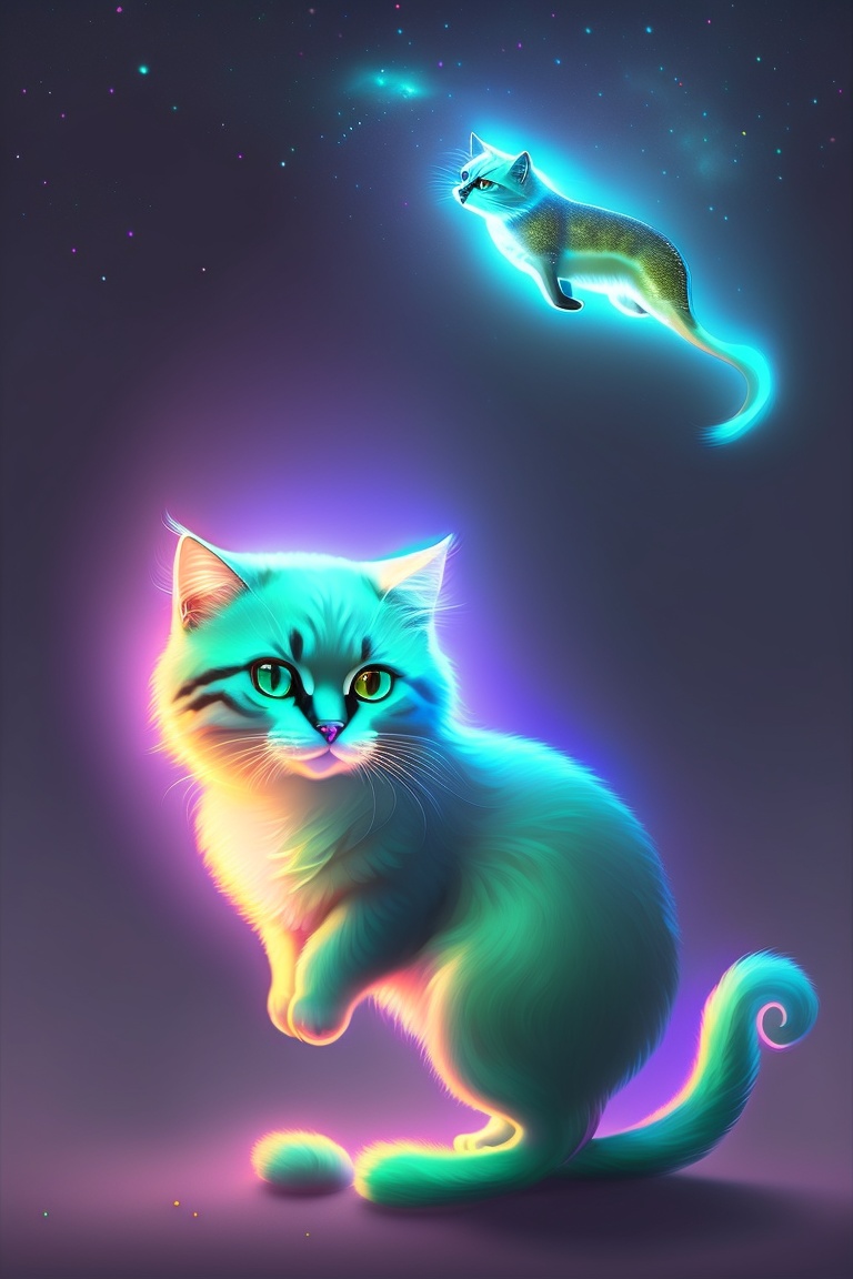 Lexica - A Cute Fantasy Cat, Glowing In The Dark Beside An Old Lady Leaping