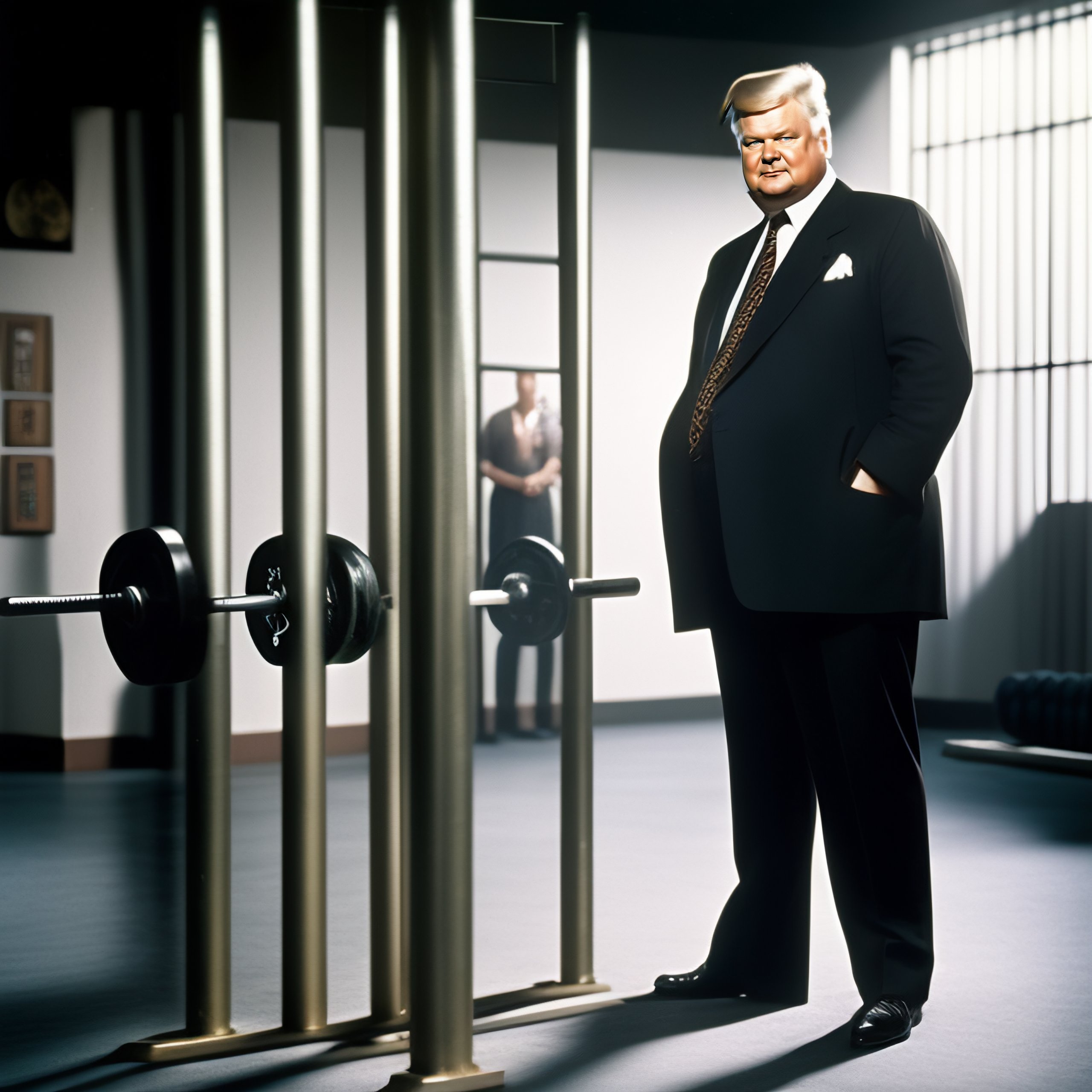 Lexica Full body shot of benny hill as a prisoner in jail lifting