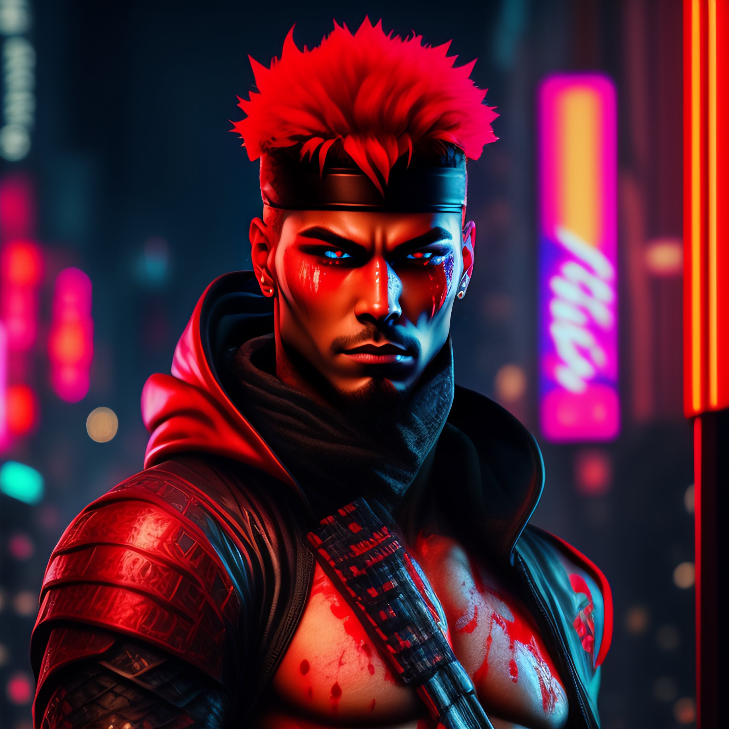 Lexica - Awesome looking blood splattered red male ninja in cyberpunk style  8-bit neon gothic looking at the camera. ultra realistic, highly detailed