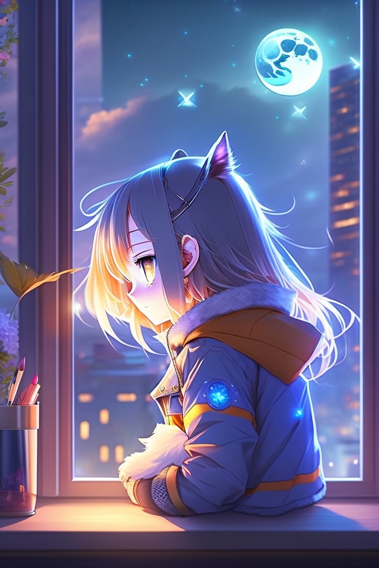 Lexica - Anime cat girl beautiful face, sit down with cat next window see  the night city under moon light