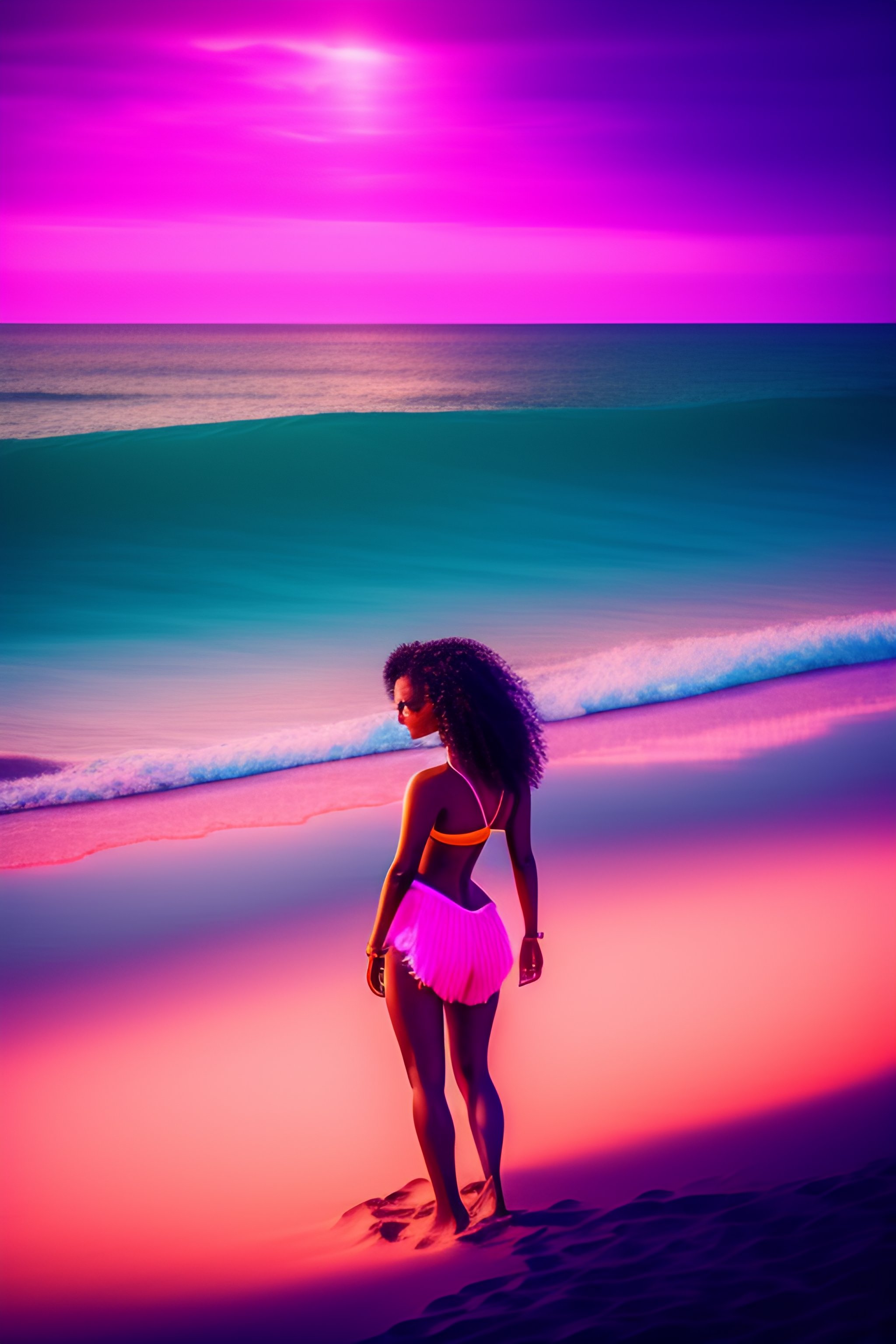 Lexica Dream foto of a very beautiful clementine on the beach in a pink bikini, highly