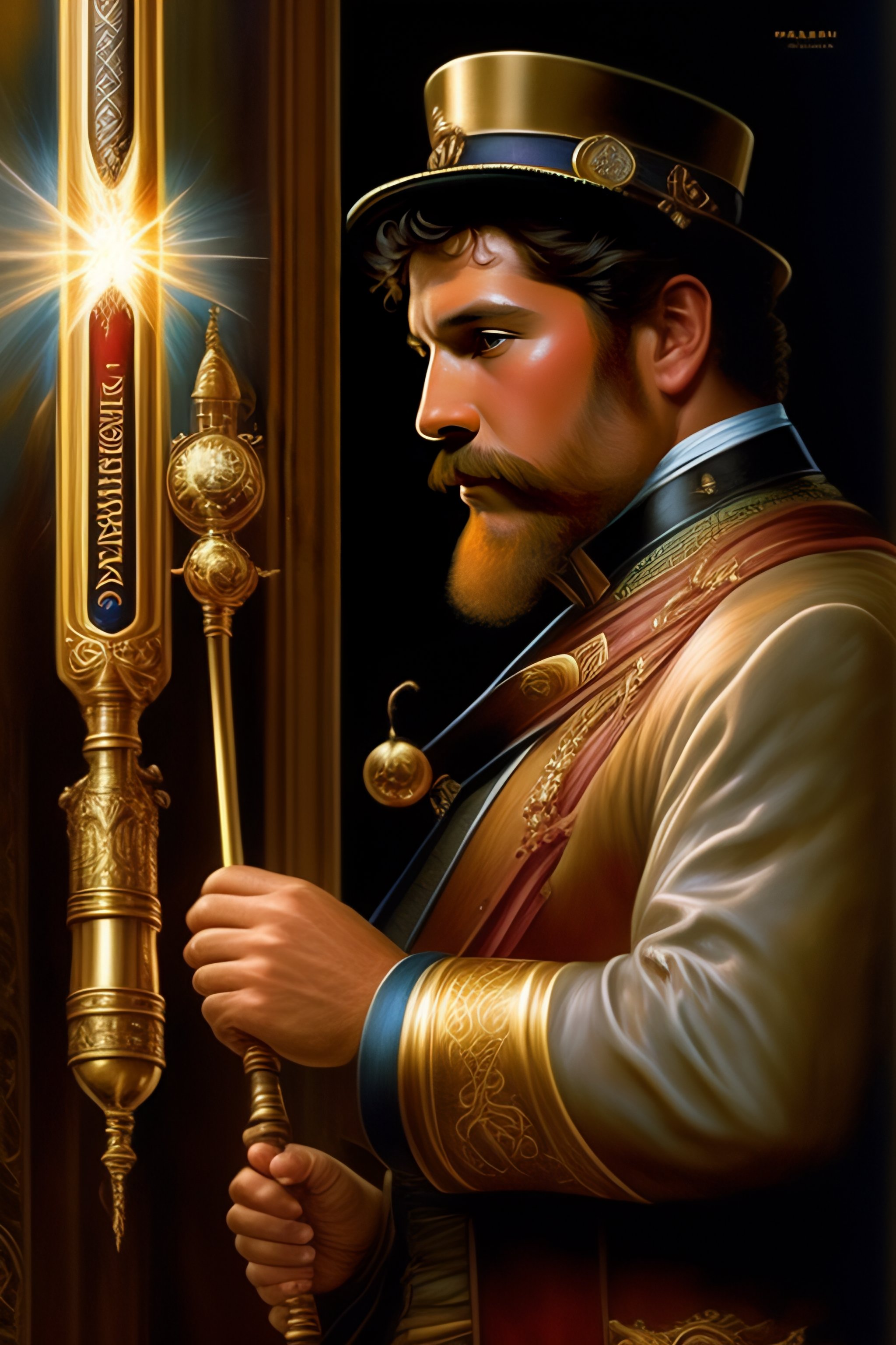 Lexica - Wizard inventor, steampunk magic wand, painted by Drew Struzan