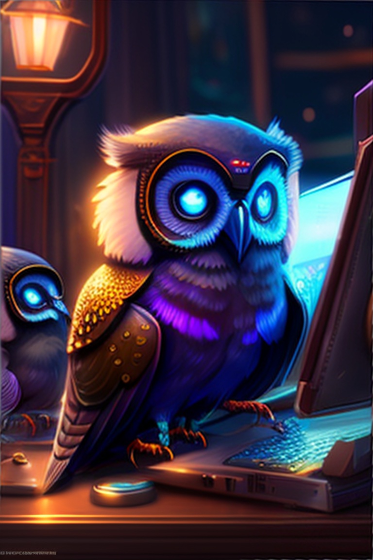Lexica - Tiny good, robot owls looking at a computer, surrounded by ...