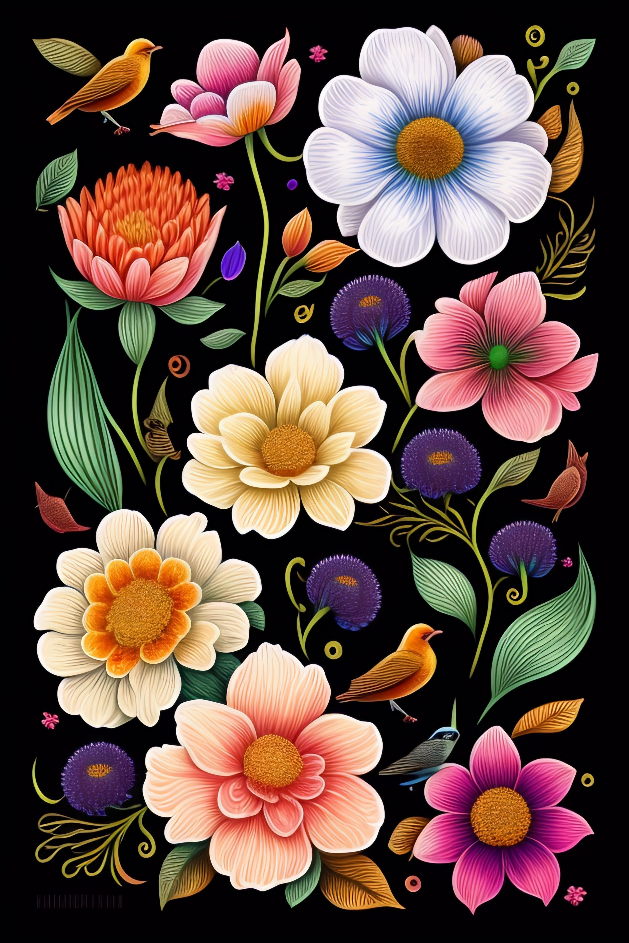 Lexica Colorful, flowers and birds on pale black paper, very detailed illustration, sketch