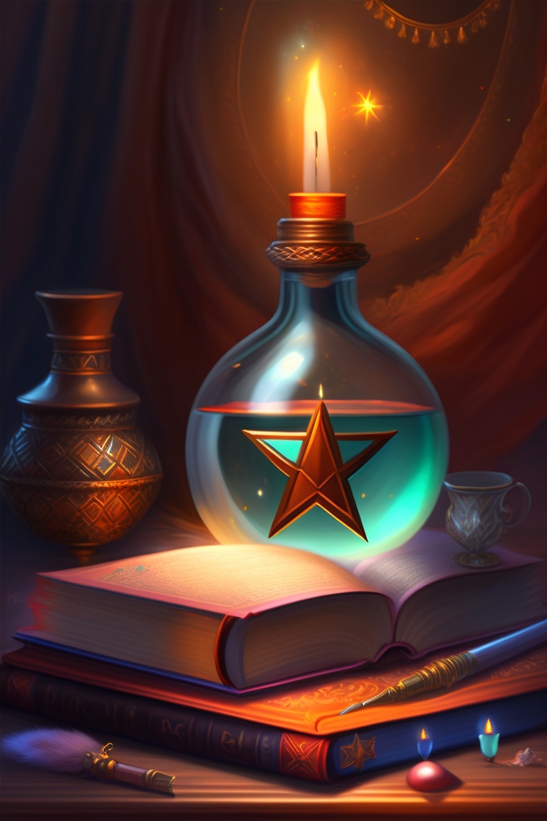 Lexica - Still life, candlelight, a wand, a crystal ball, a book of ...