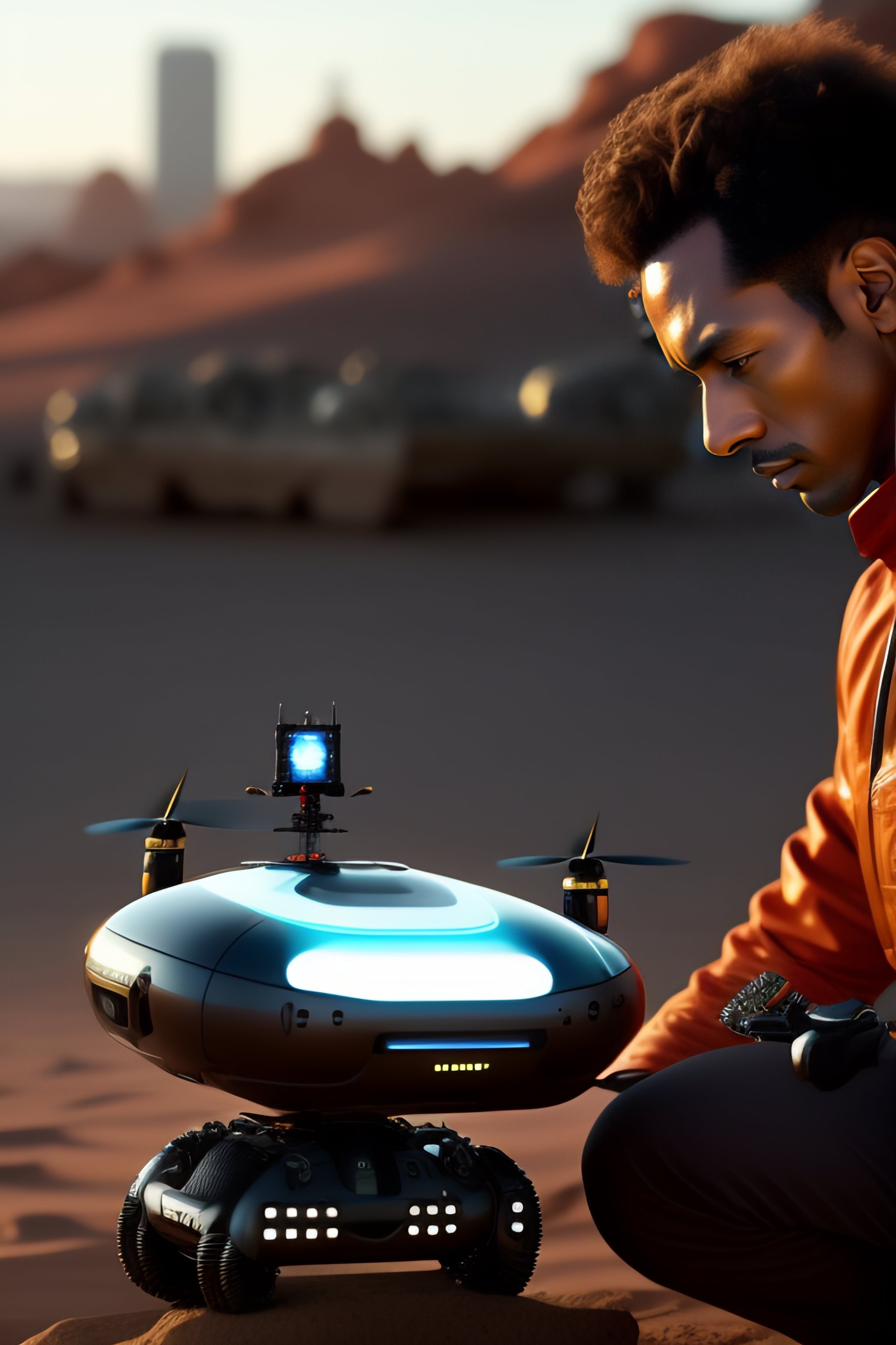 Lexica - Android mechanic man with a robotic drone in a sci-fi movie