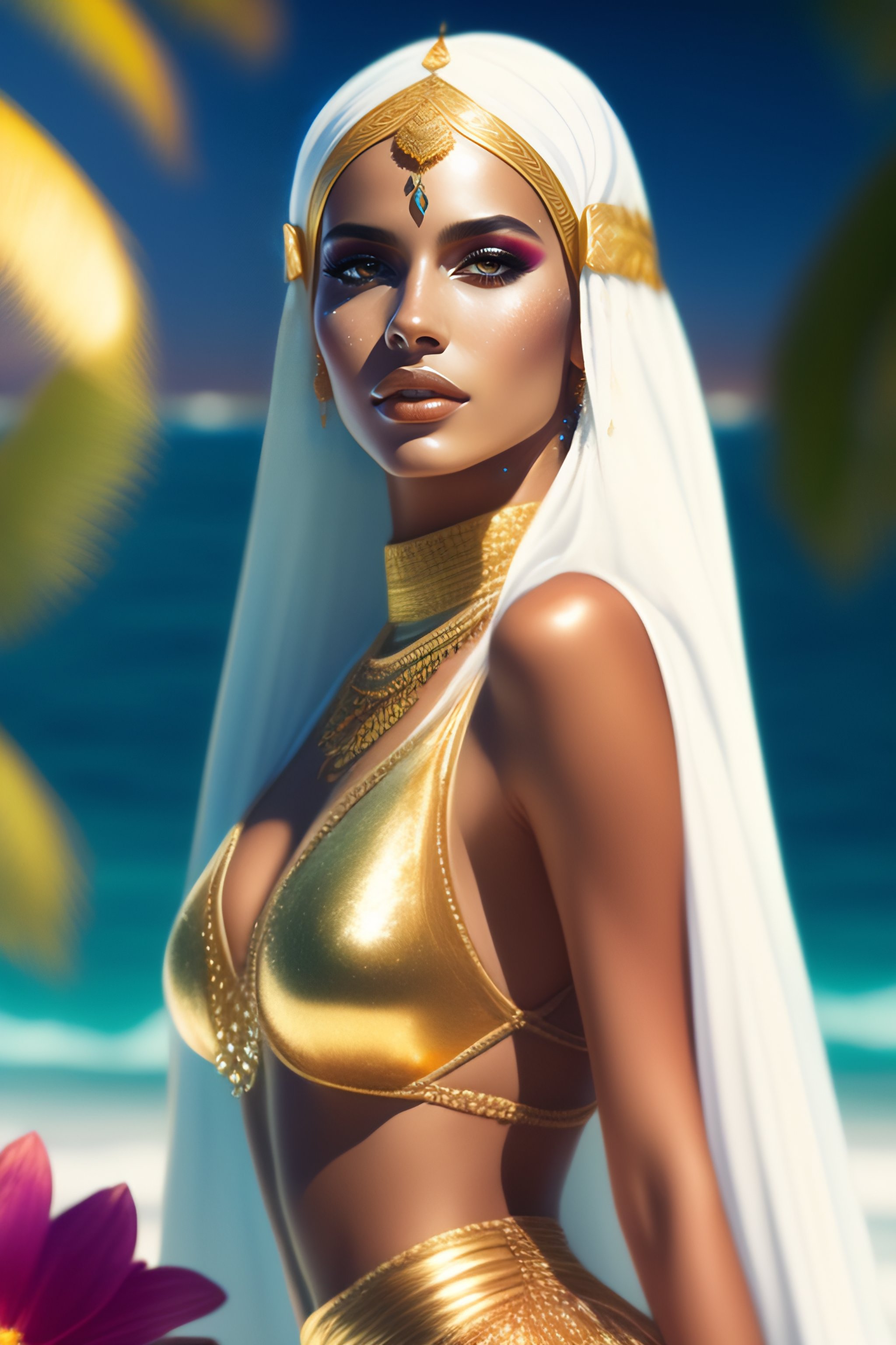 Beautiful arabian princess mermaid wearing white clothes and gold jewels da...