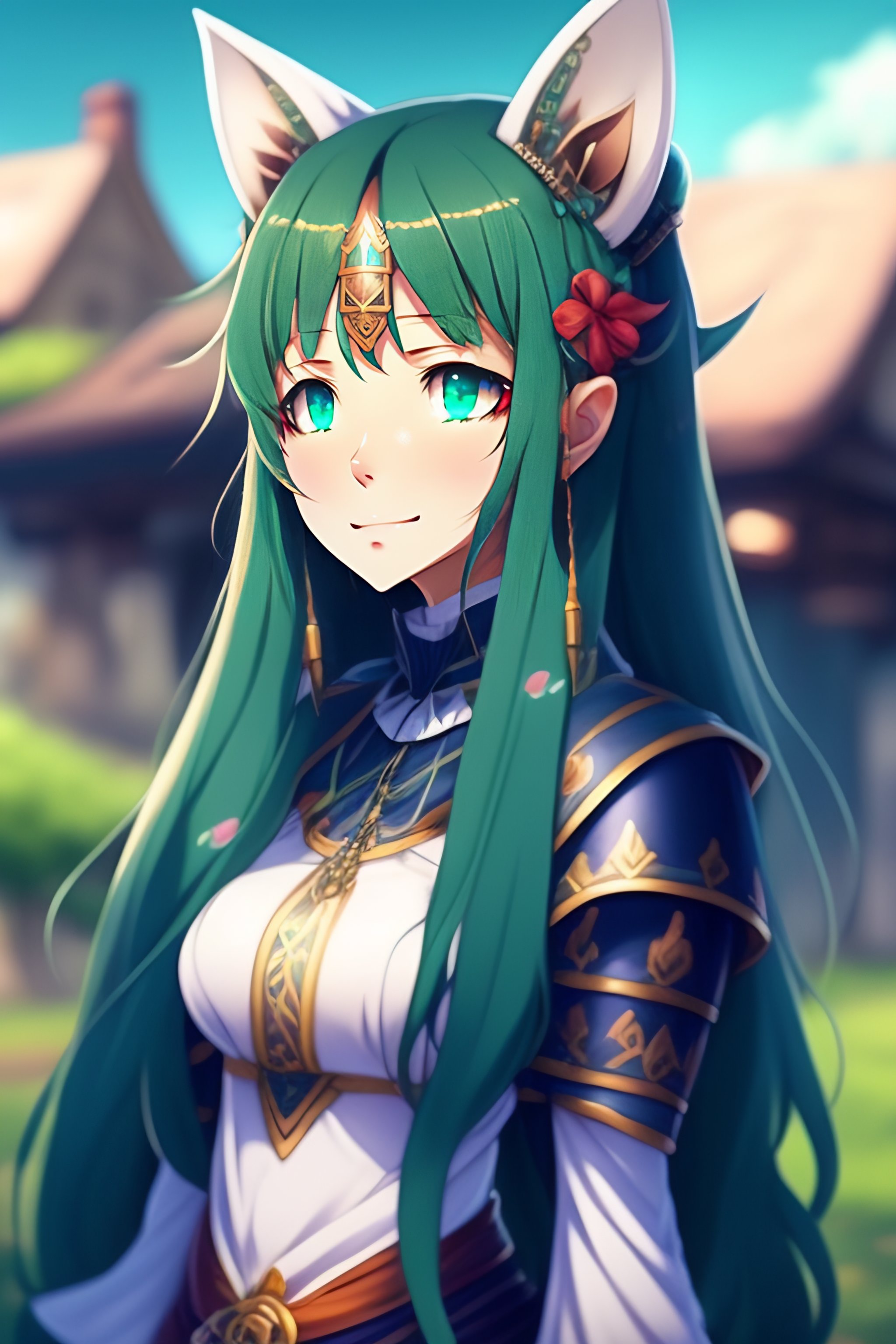 Lexica Cute anime girl, long hair, green eyes, blue hair, house in