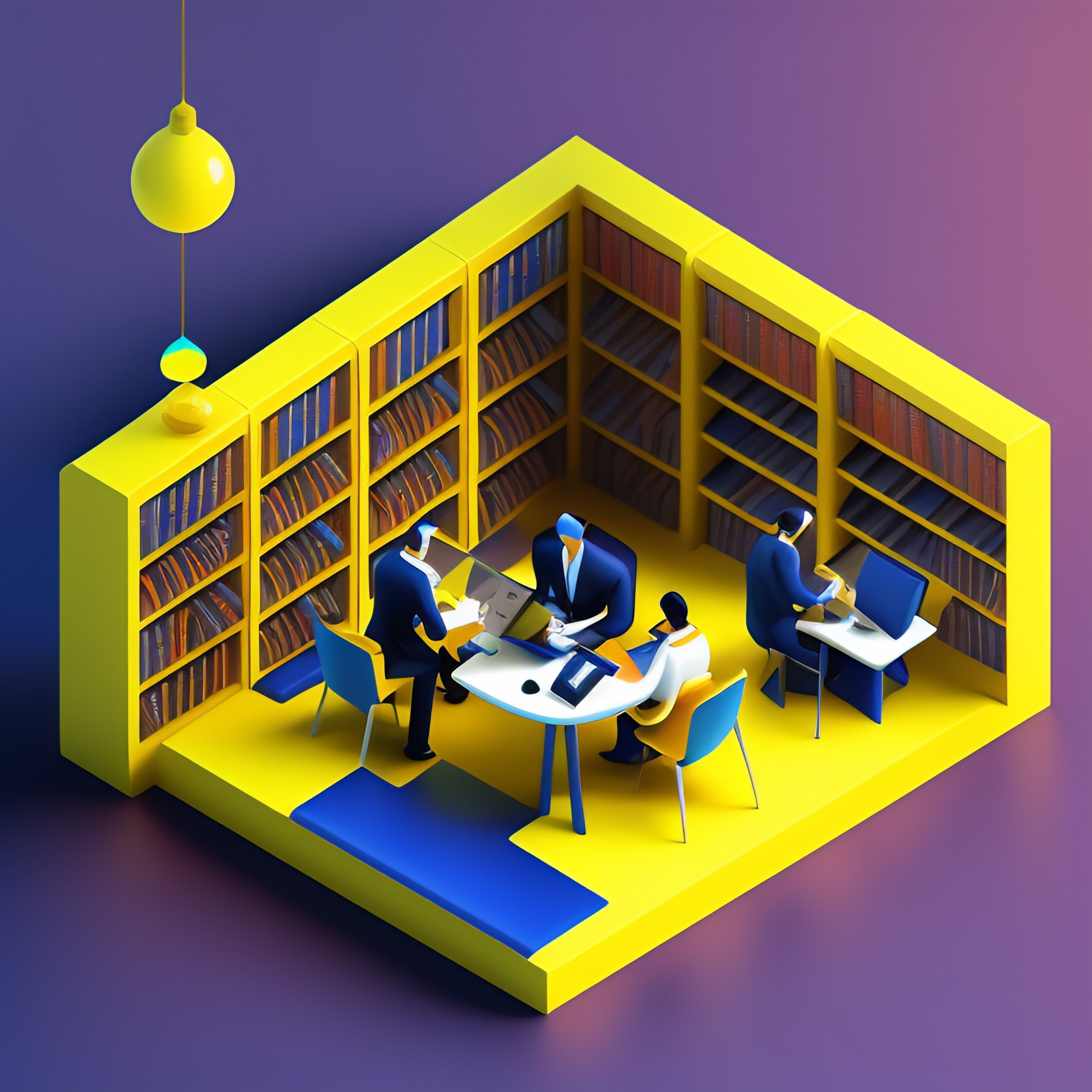 Lexica - A library with yellow and blue, reading people, isometric, 3d