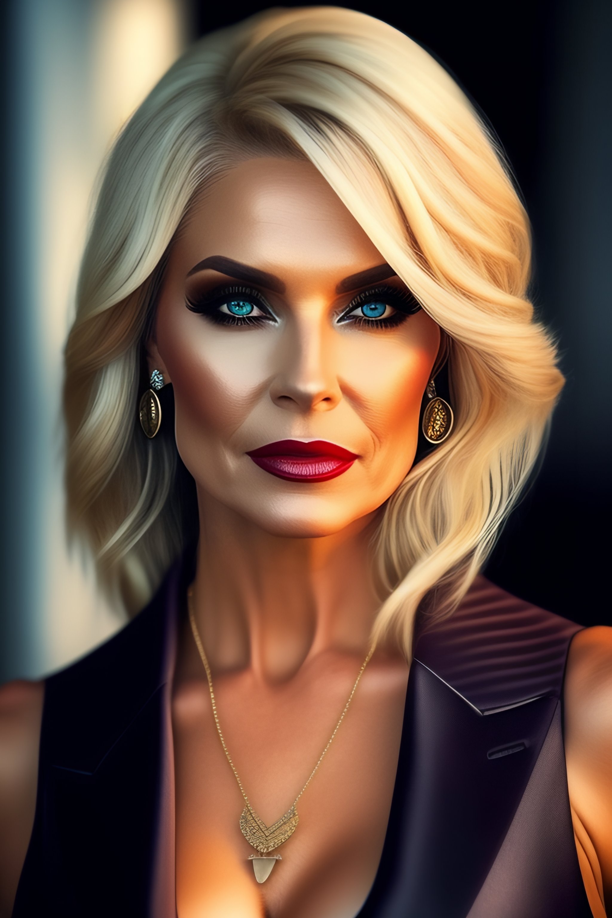 Lexica - A realistic woman in her 40s, blond hair with micro bangs ...