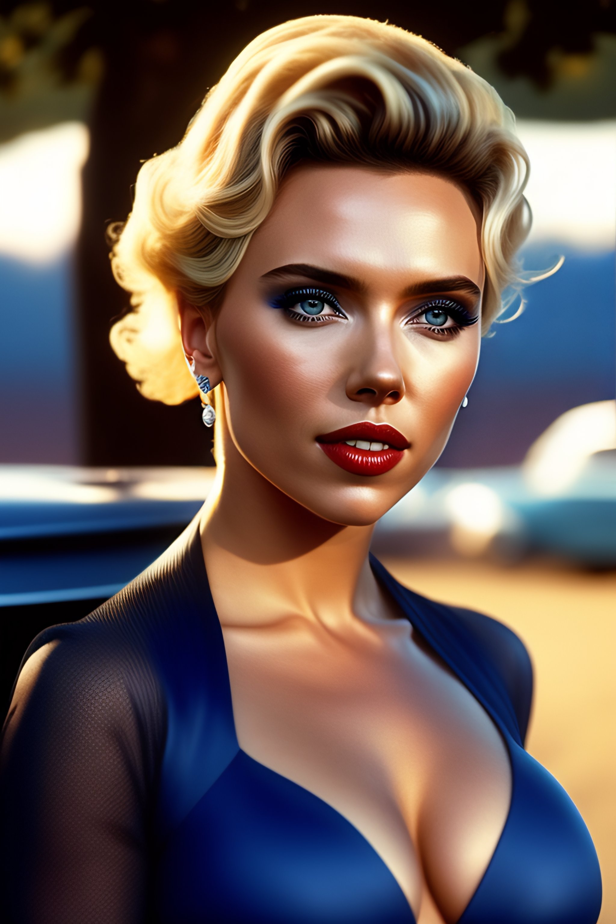 Lexica - Scarlett Johansson in blue bikini Bigboobs sitting on black  vintage porche infront of a diner at sunset