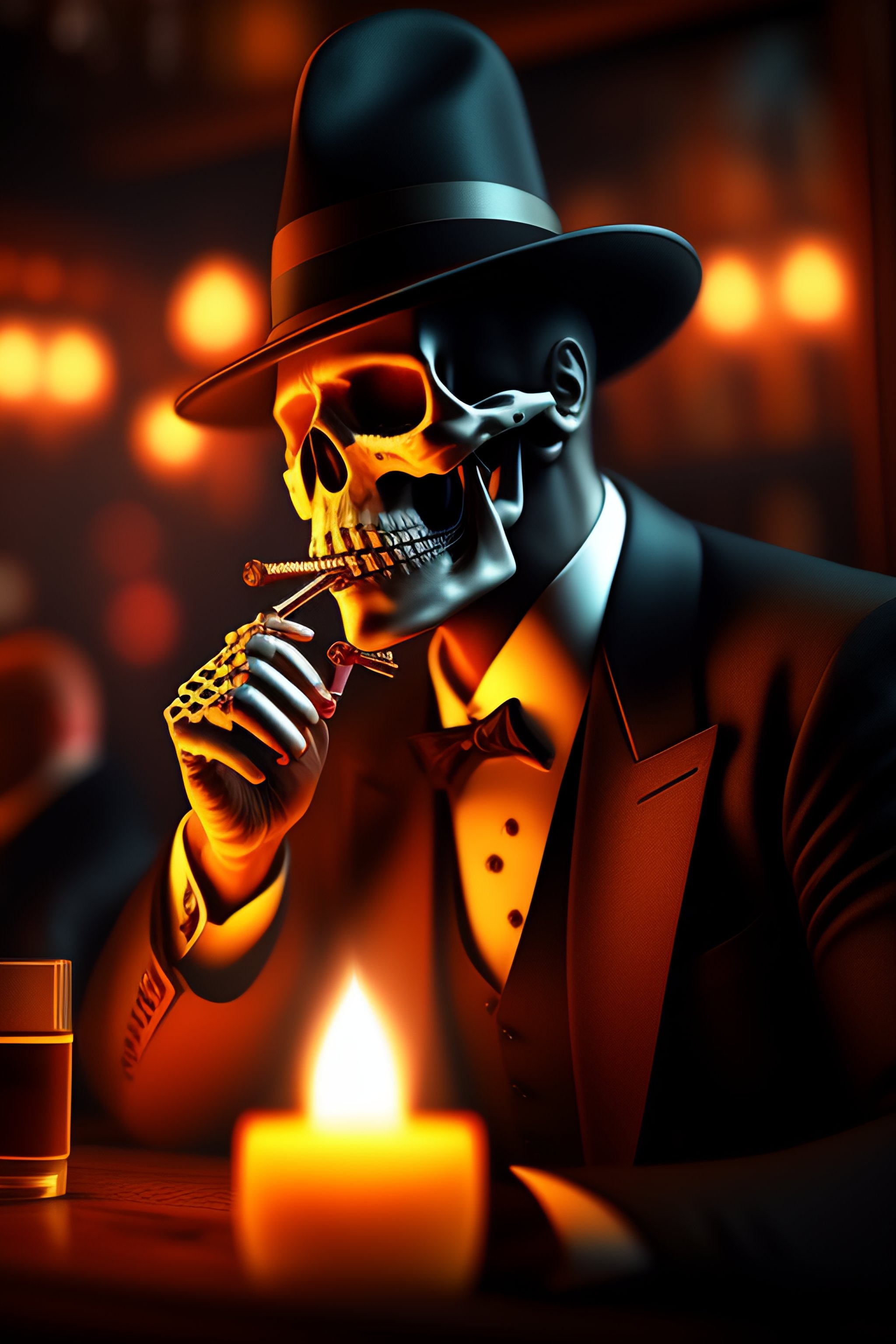 Lexica - Gentleman skeleton smoking a cigar in a bar, cinematic ...