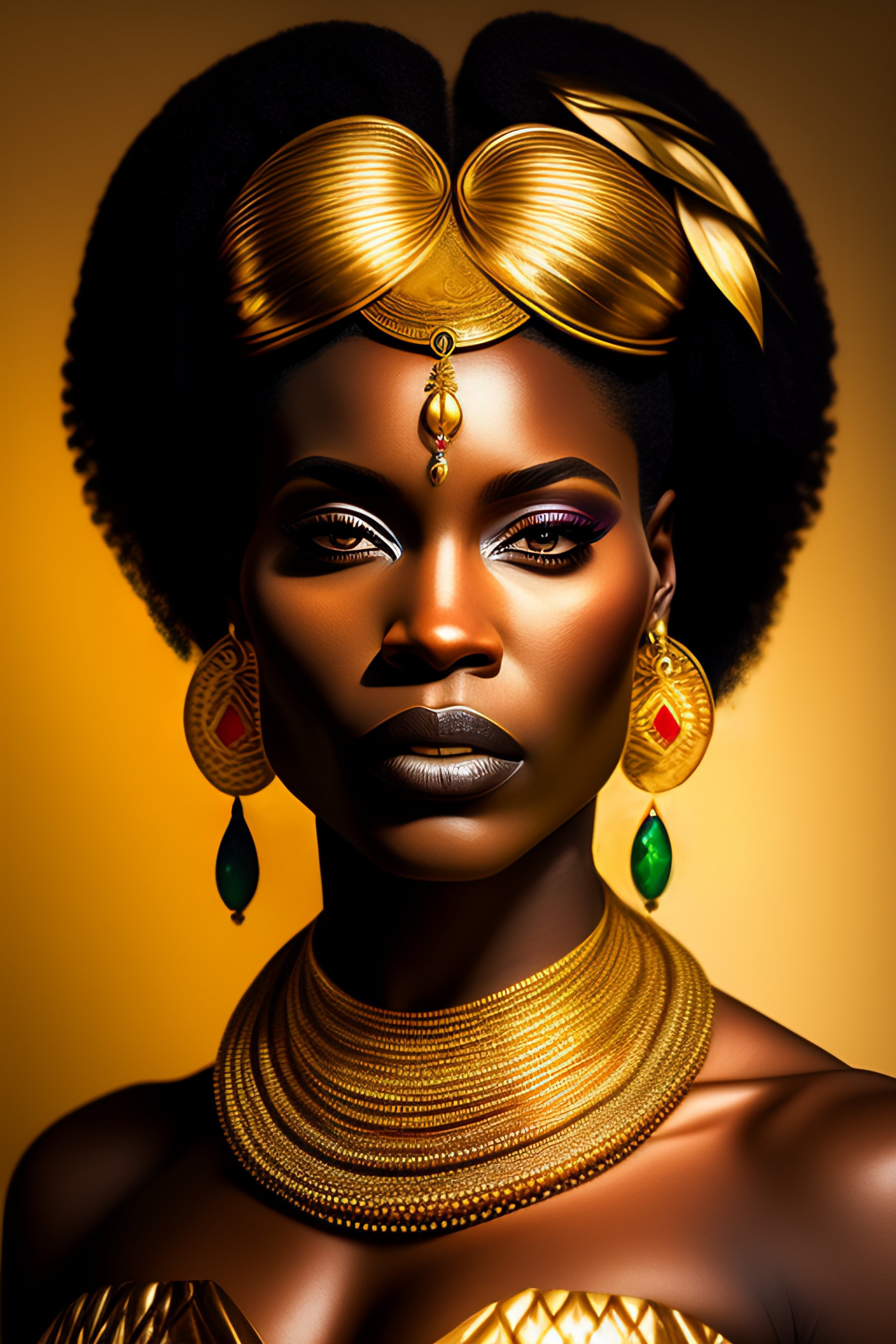 Lexica Front portrait of African amazon goddess in gold jewelry