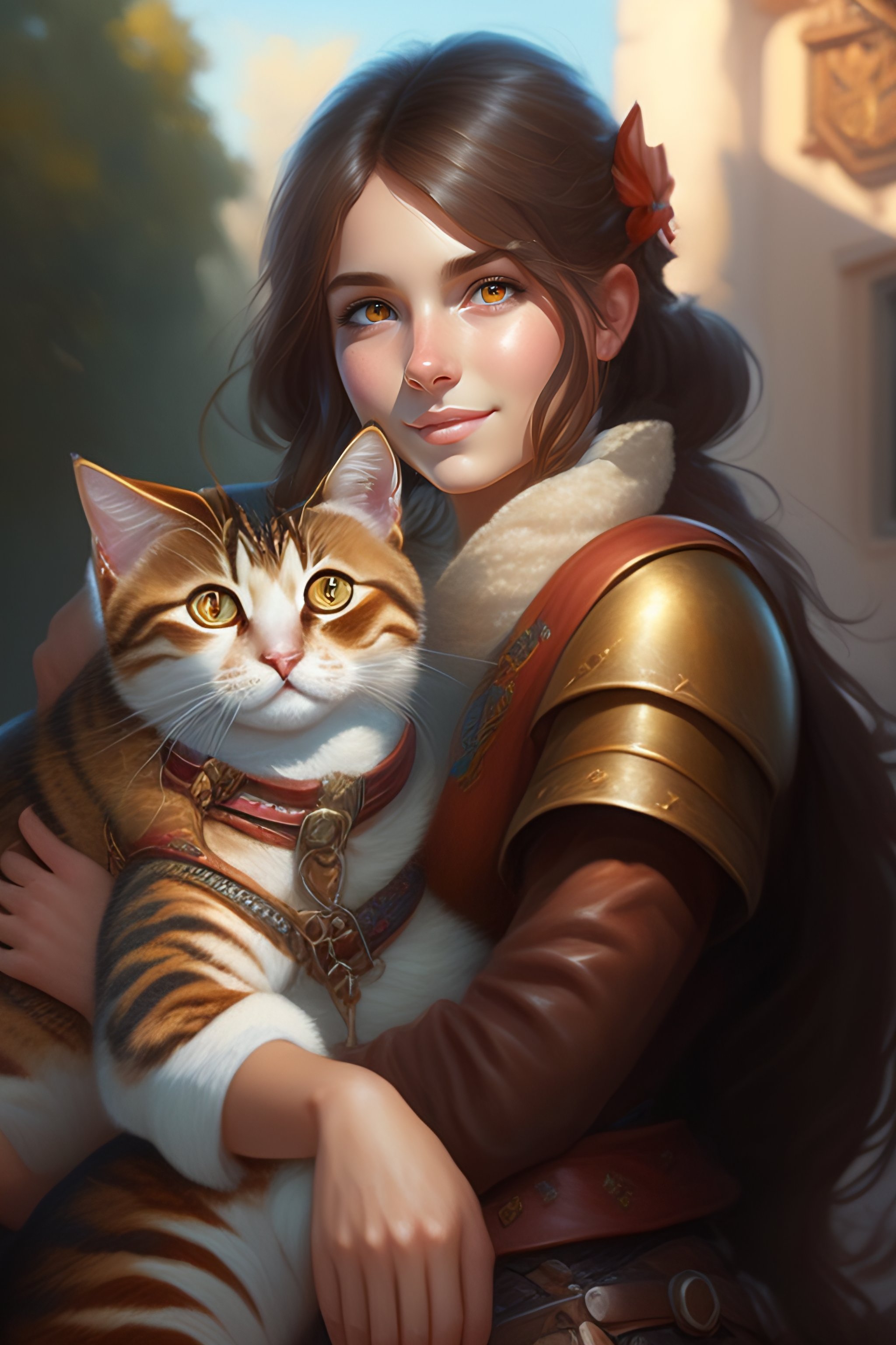 Lexica - A detailed portrait of a cute brunette girl hugging a tabby ...