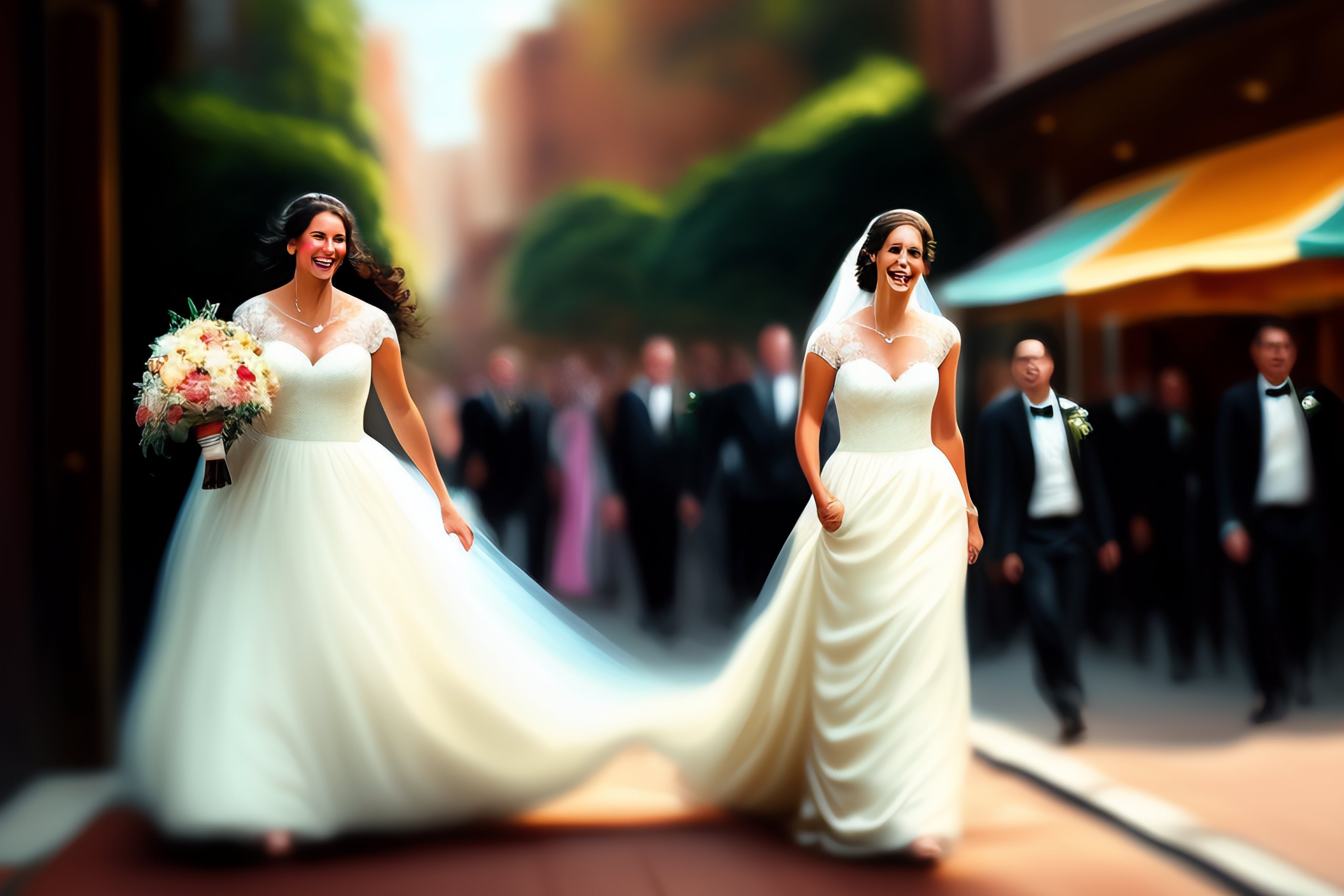 Lexica - Huge coffee paper cup chasing a bride, digital art.