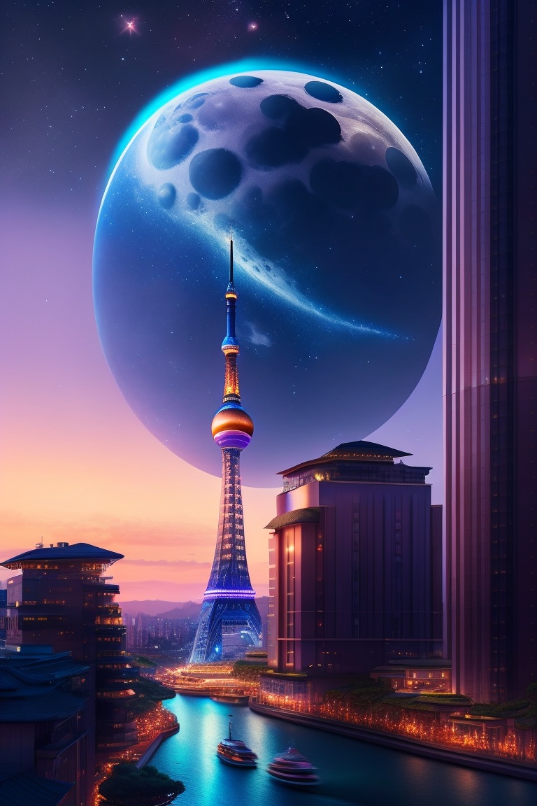 Lexica - Starry sky, big moon and another moon, realistic, tokyo ...