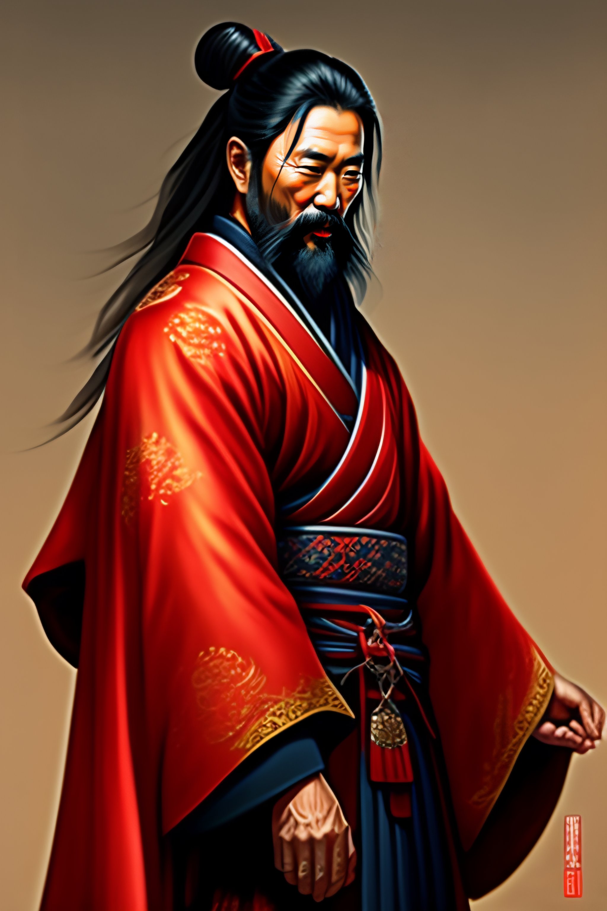 Lexica - Oldman with red kimono Samurai long hair intricate, highly