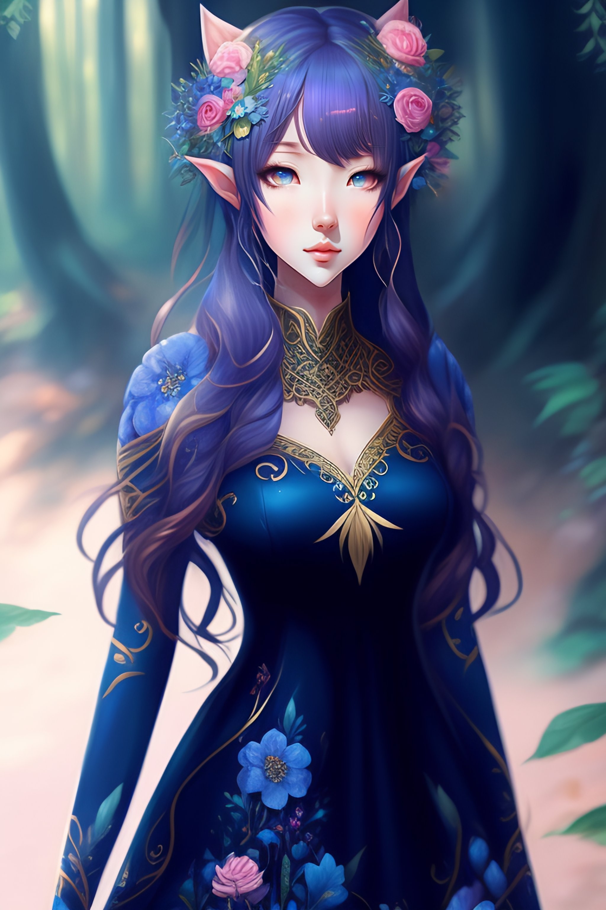 Lexica - Forest elf dress concept art, dark blue palet color, flowers  pattern, anime style