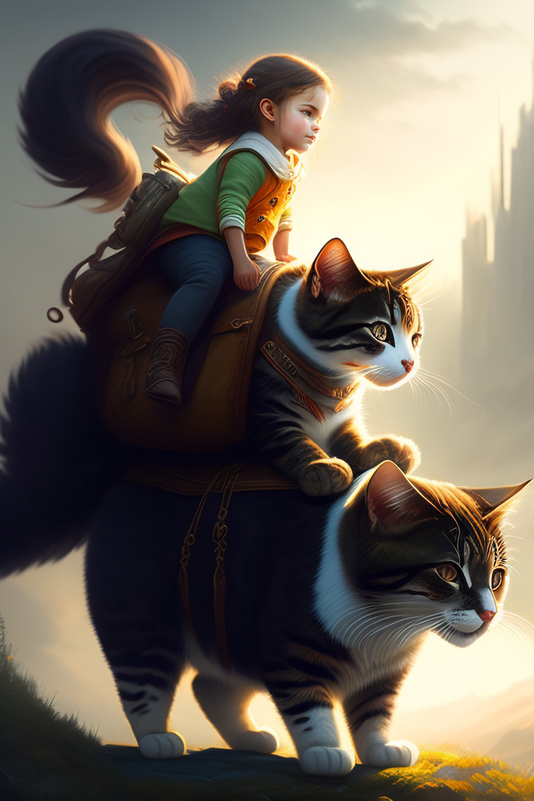 Lexica - Story book art by greg rutkowski. tiny girl riding on the back of  a giant cat