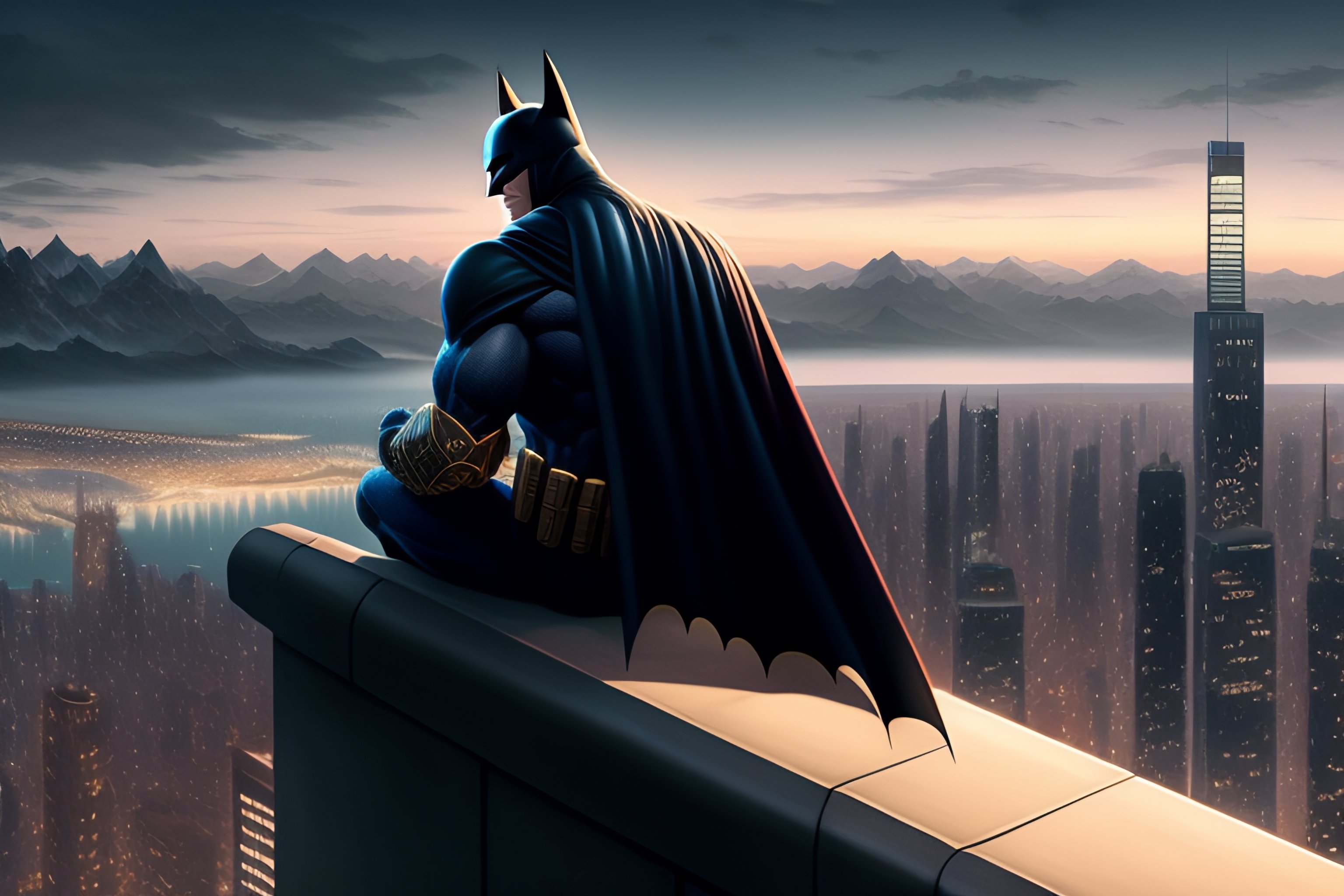 Lexica - Batman sitting on a roof looking down at a city below, extremely  detailed