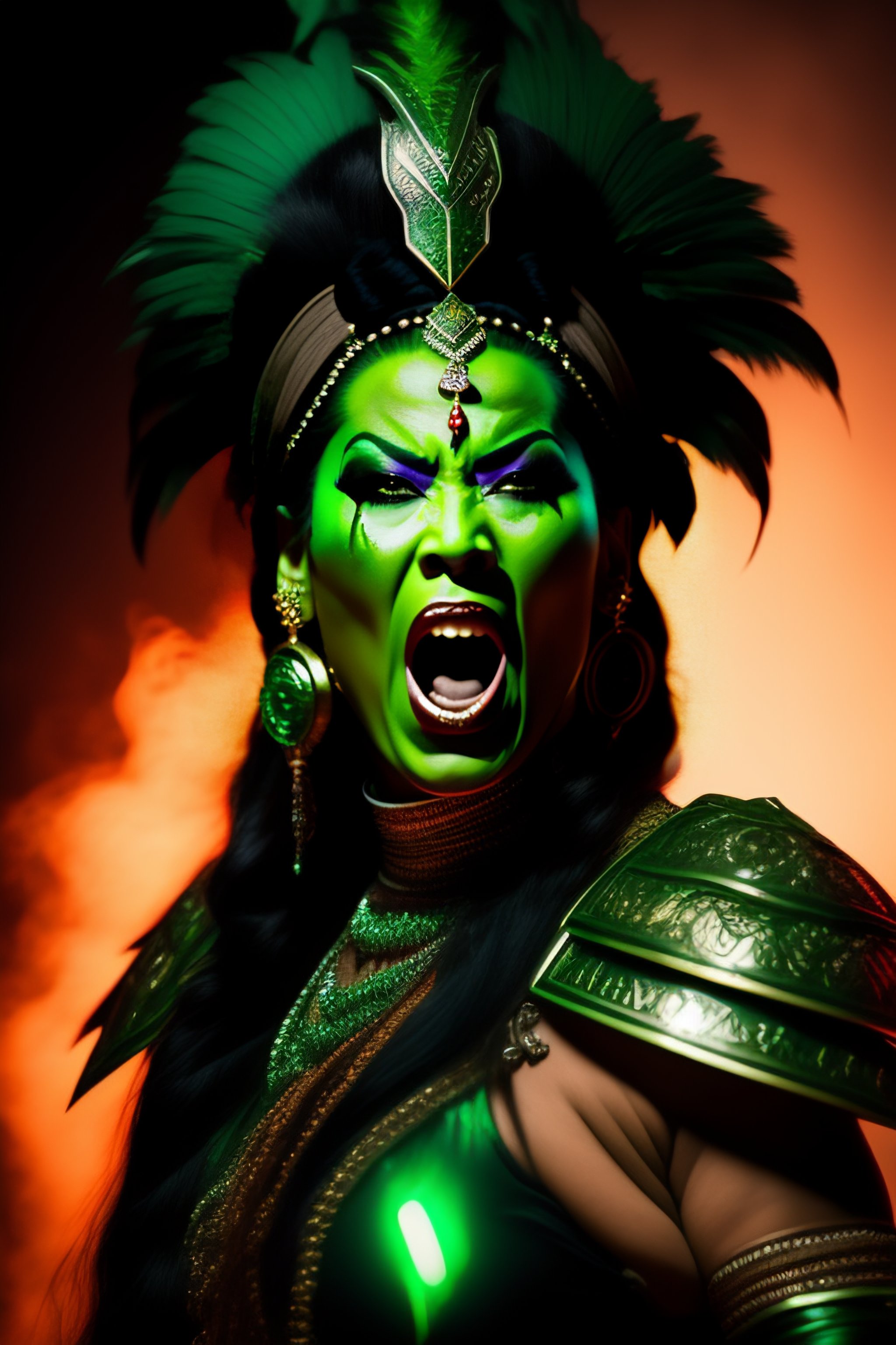 Lexica - Yma Sumac screaming with angry face and a green laser coming ...
