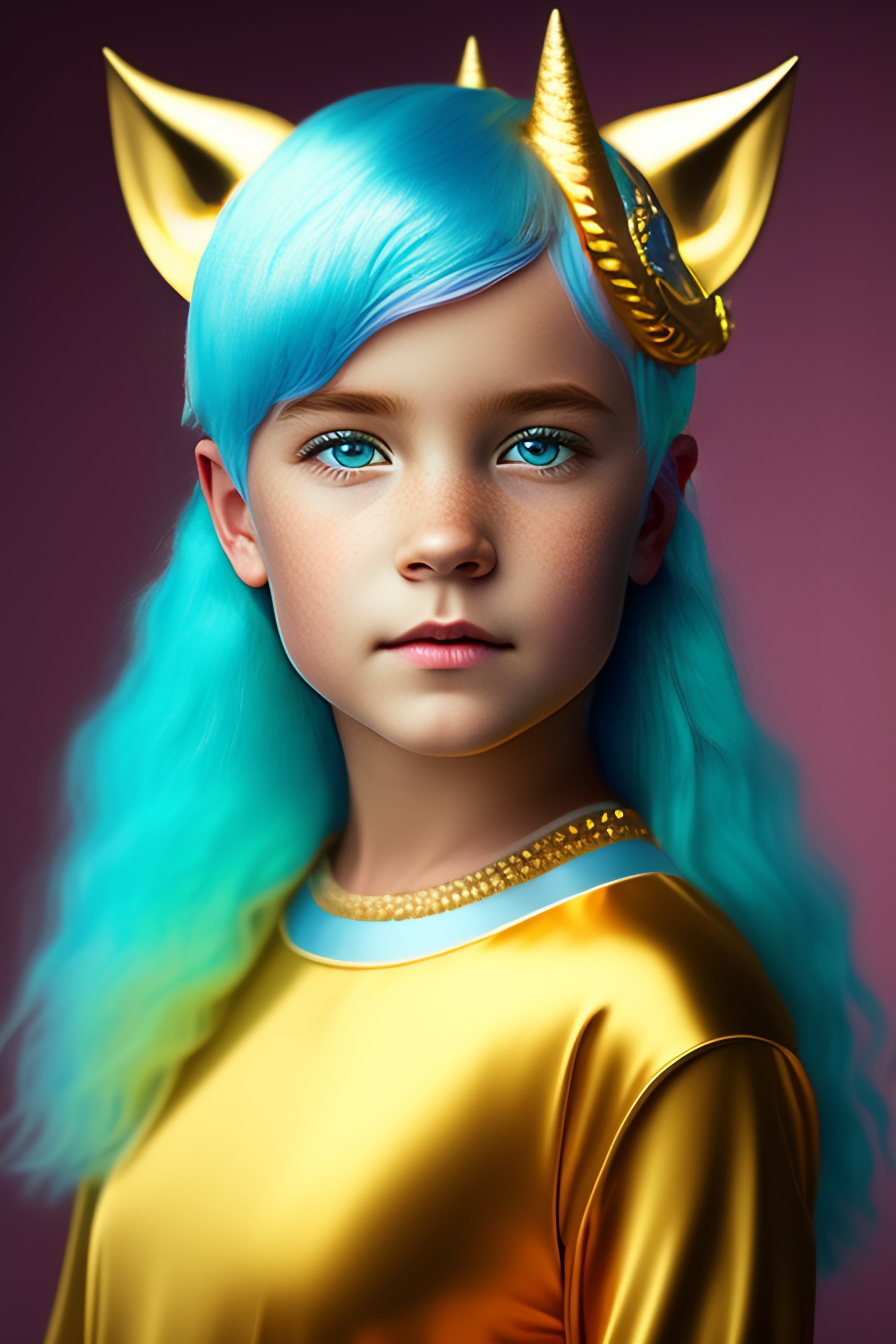 Lexica - Girl with short light blue hair and red eyes wearing a golden ...